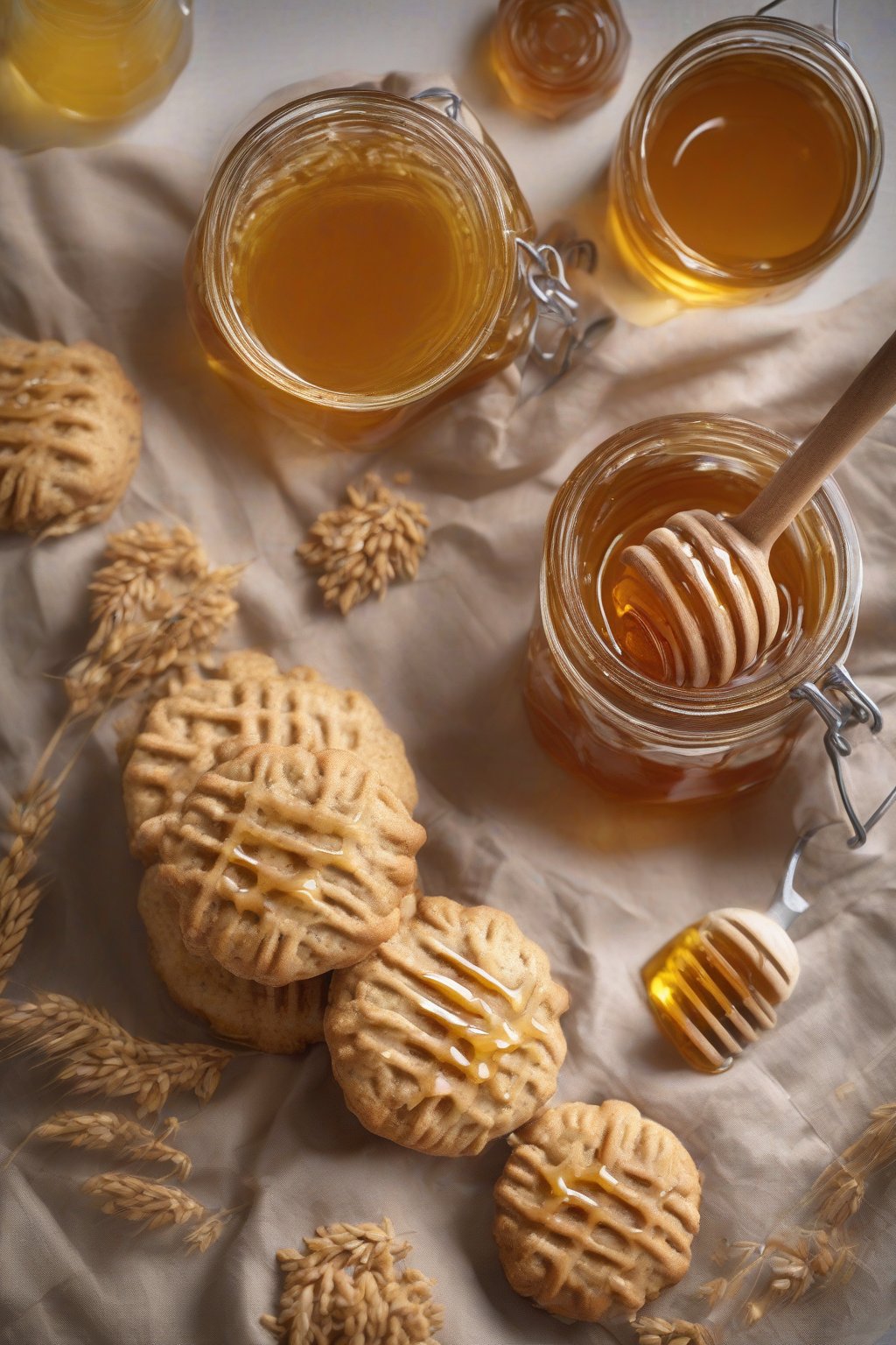 A high-resolution photo of whole wheat biscuits drizzled with honey, beside a jar of honey under soft lighting.