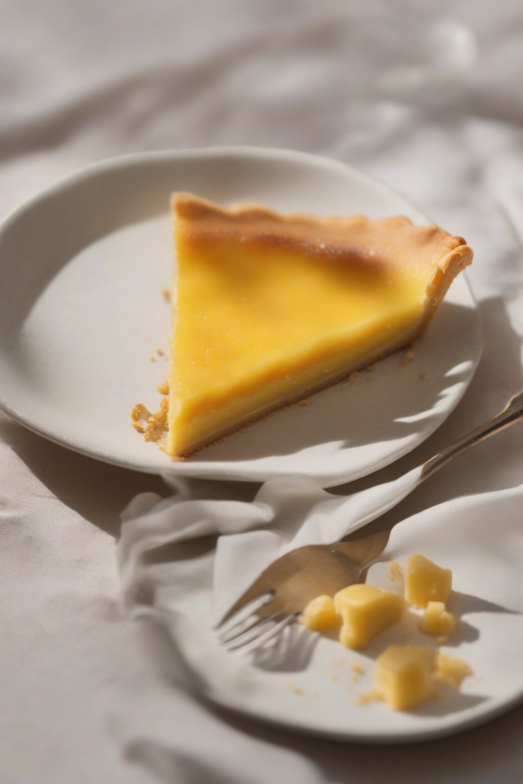A close-up photo of a golden custard tart slice on a plate under soft lighting.