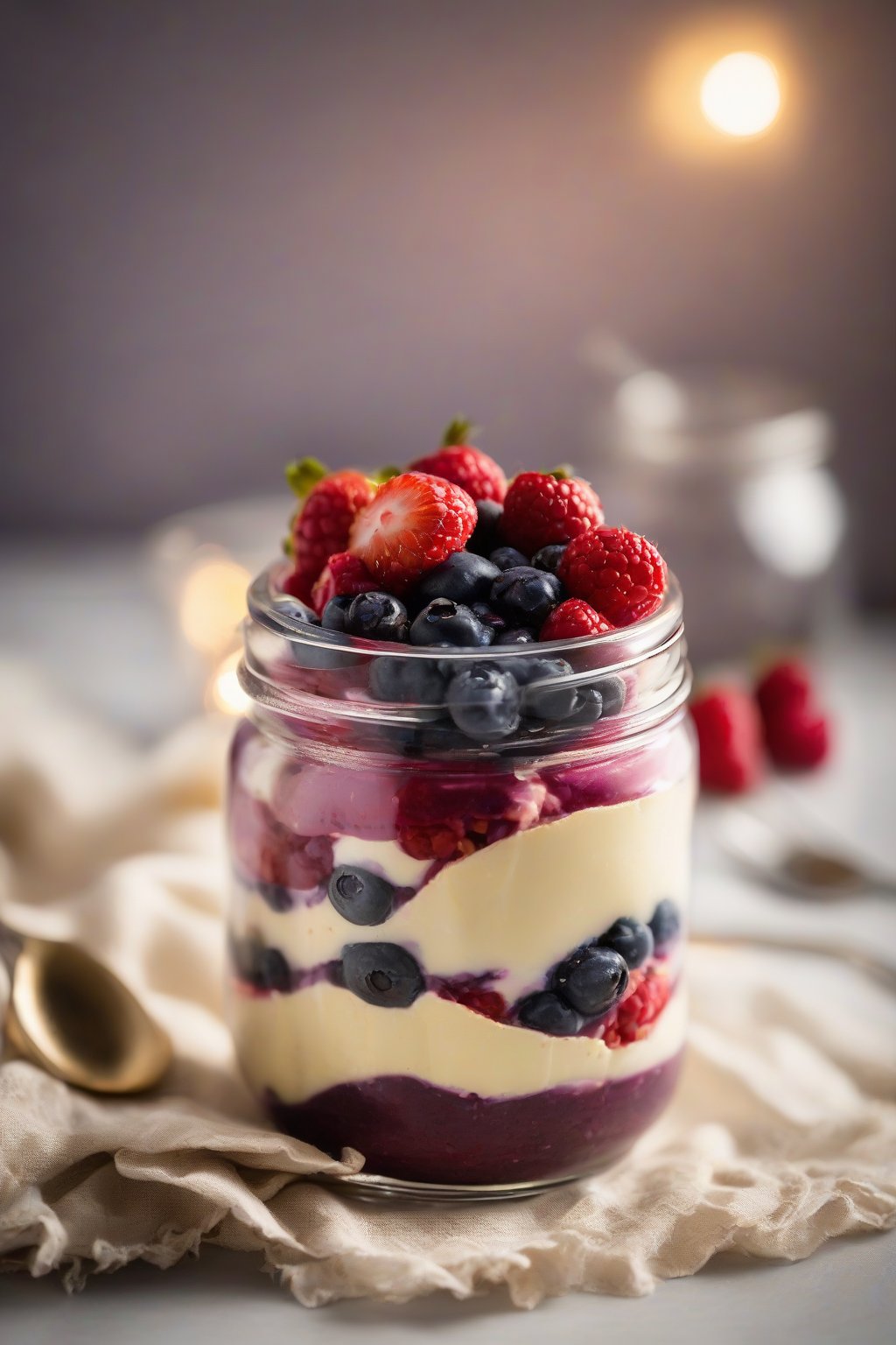 A close-up photo of a berry custard parfait in a glass jar under soft lighting.