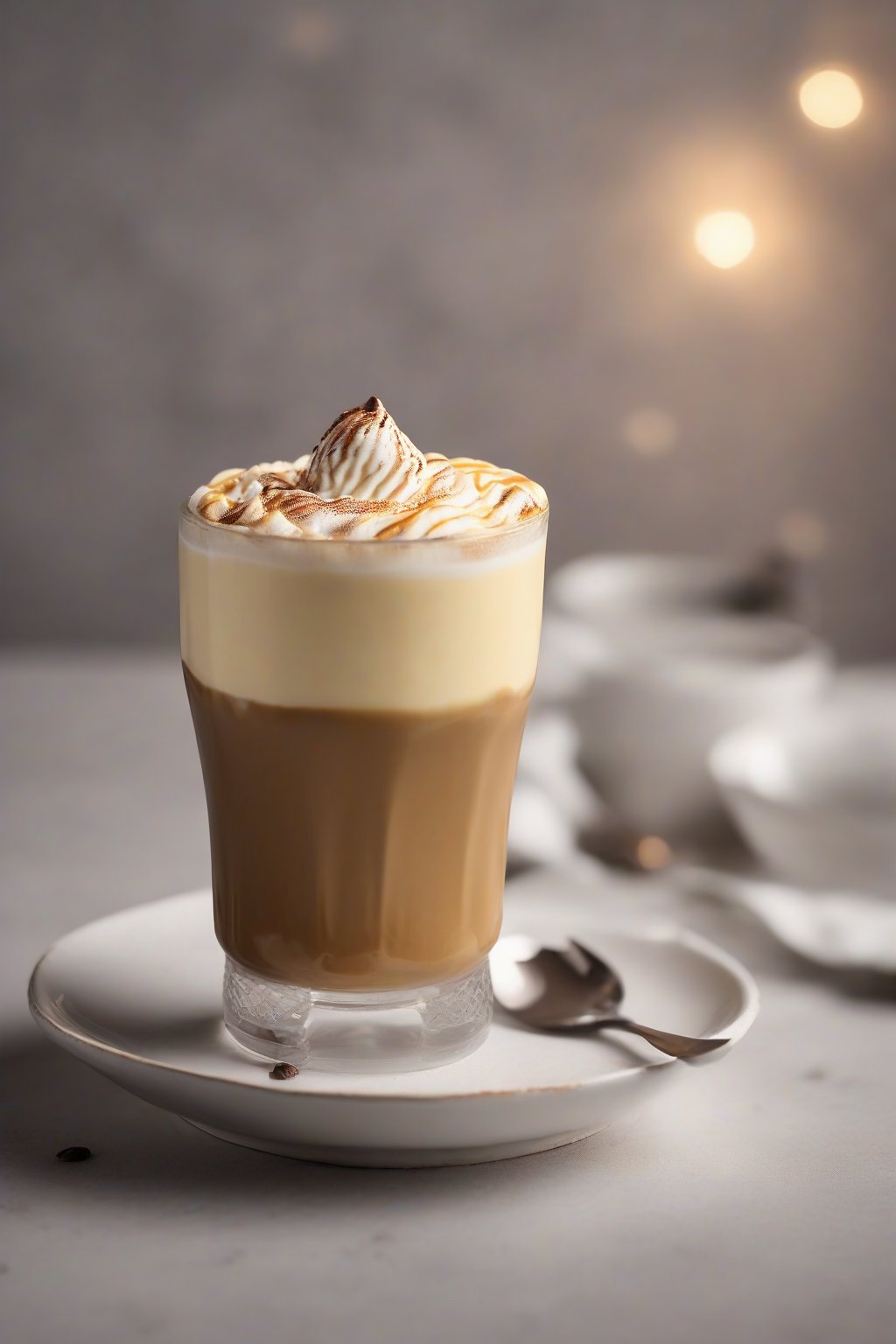 A close-up photo of coffee custard in a cup with foam art under soft lighting.