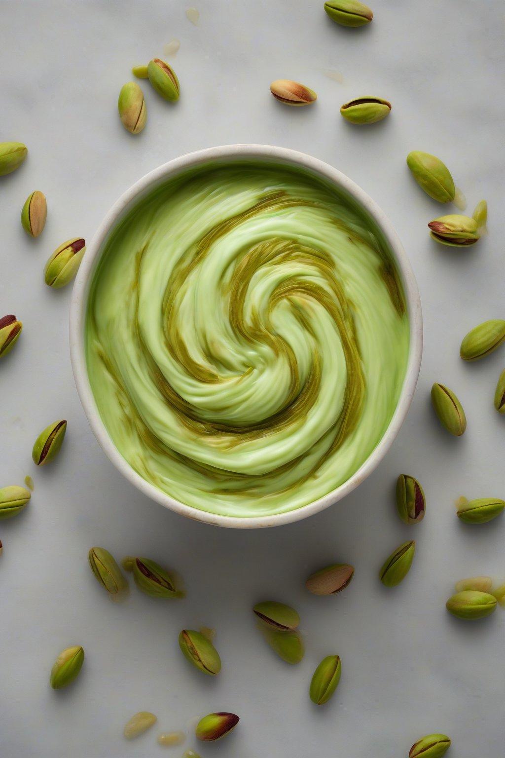 A high-resolution photo of vibrant green pistachio custard swirled under soft lighting.