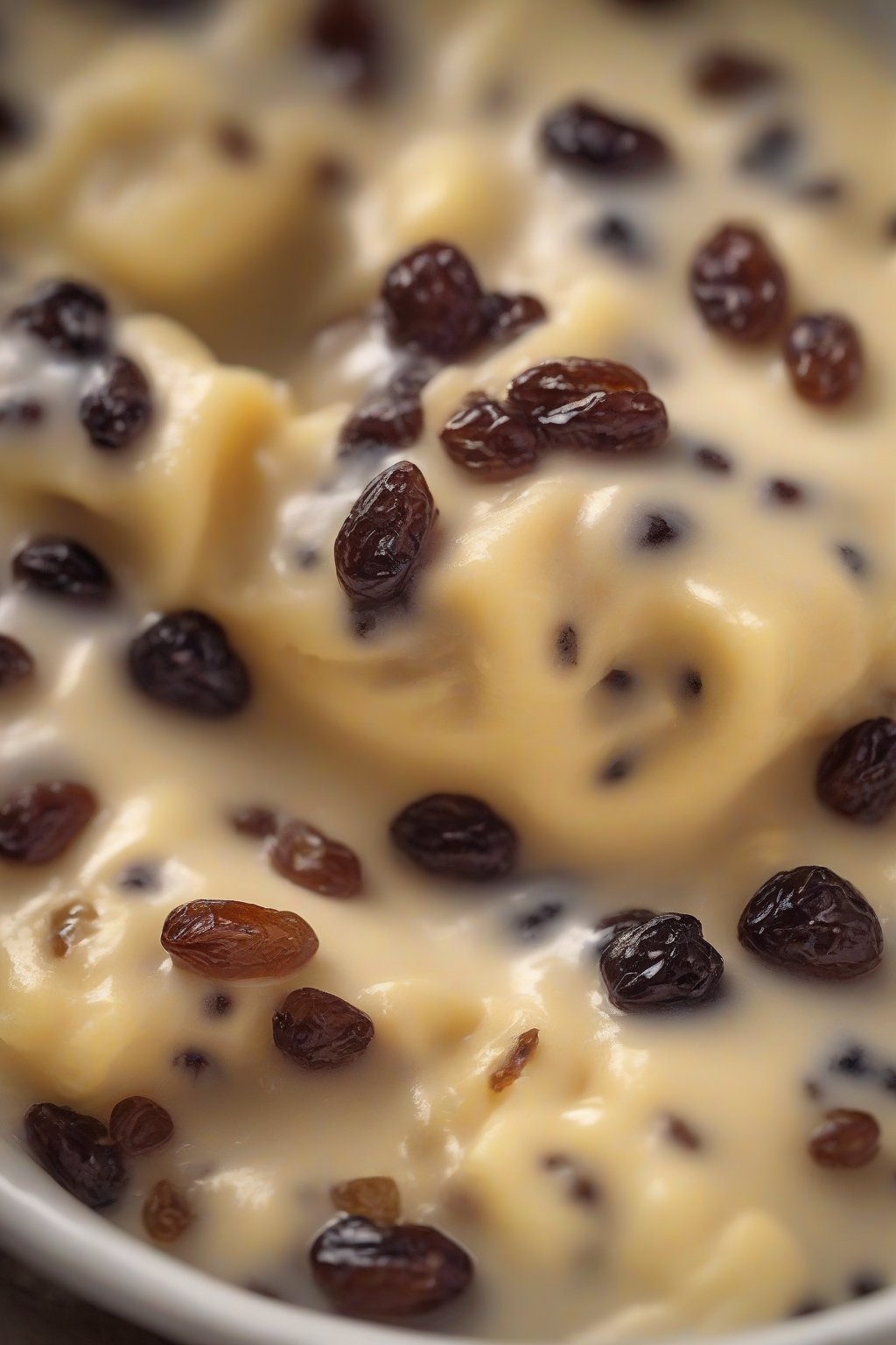 A close-up photo of rum raisin custard with plump raisins under soft lighting.