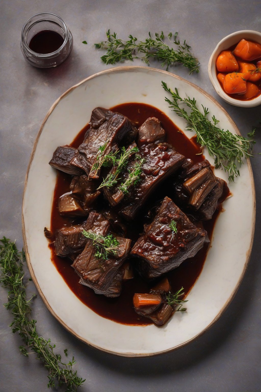A high-resolution photo of classic red wine braised short ribs, glistening with sauce and garnished with thyme, under soft lighting.