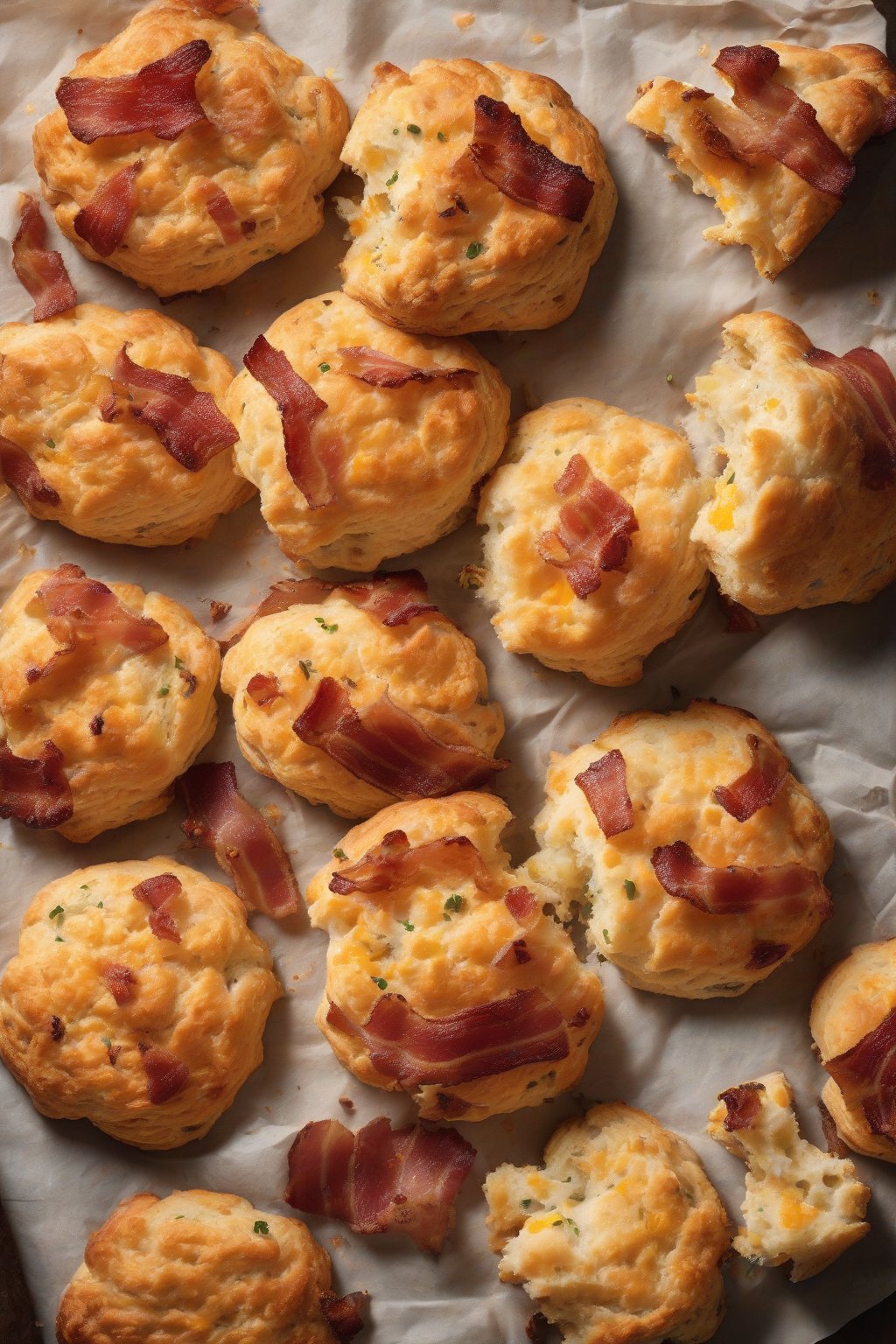 A high-resolution photo of bacon-studded cheddar biscuits with crispy edges under soft lighting.