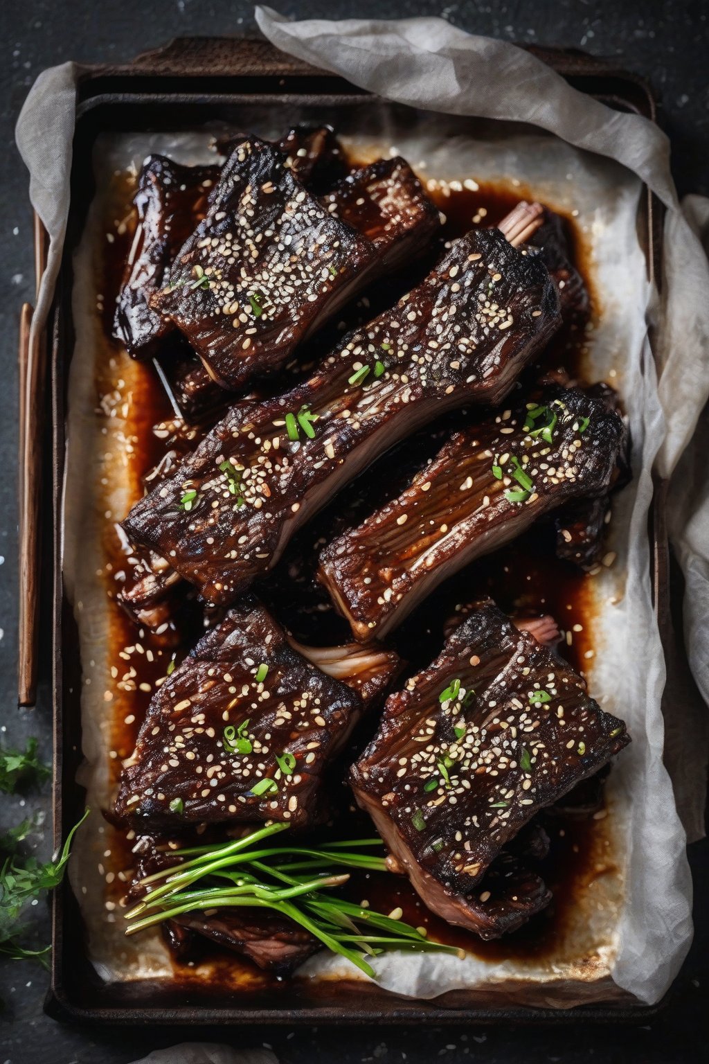 A high-resolution photo of Korean-style galbi short ribs, charred edges with shiny glaze and sesame seeds, under soft lighting.