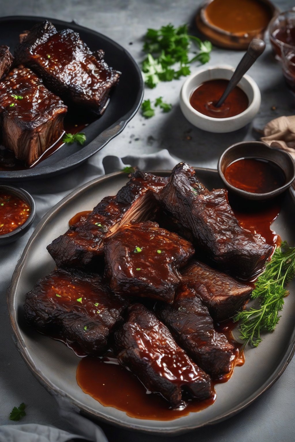 A high-resolution photo of smoky BBQ short ribs, sticky sauce dripping over charred meat, under soft lighting.
