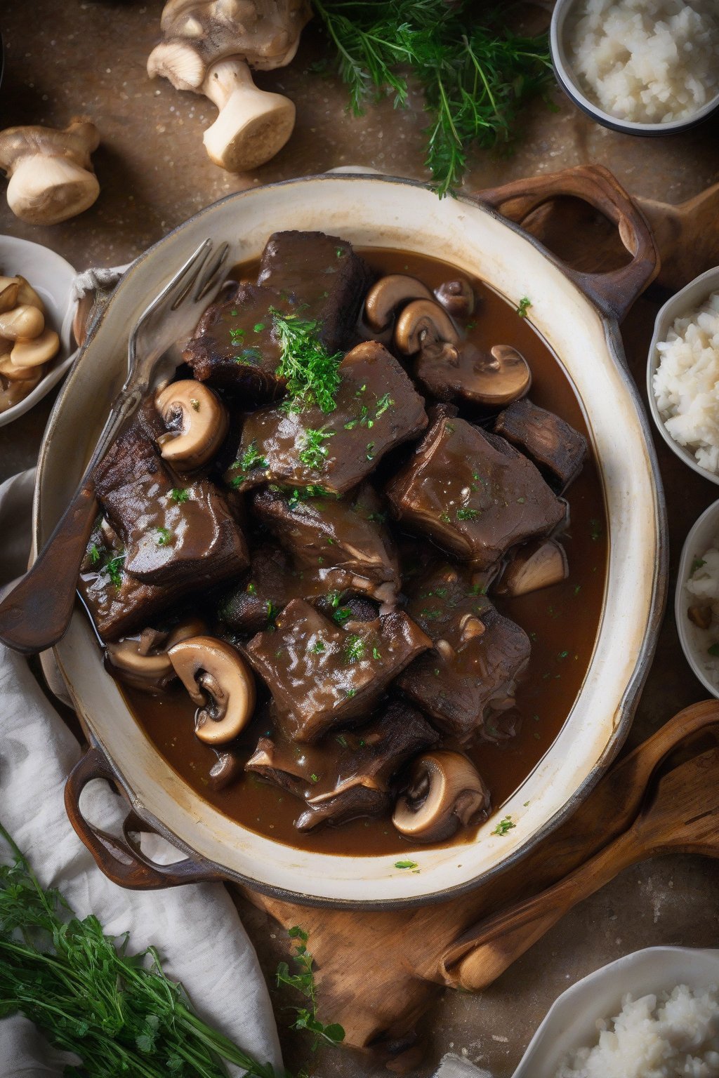 A high-resolution photo of stout beer braised short ribs with mushrooms and gravy, steam rising, under soft lighting.