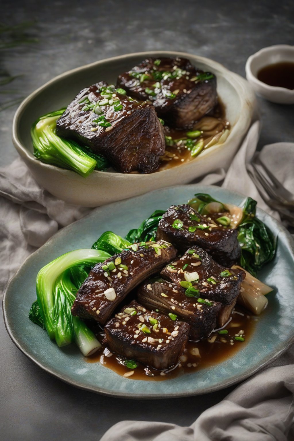 A high-resolution photo of miso-glazed short ribs with bok choy, aromatic steam, under soft lighting.