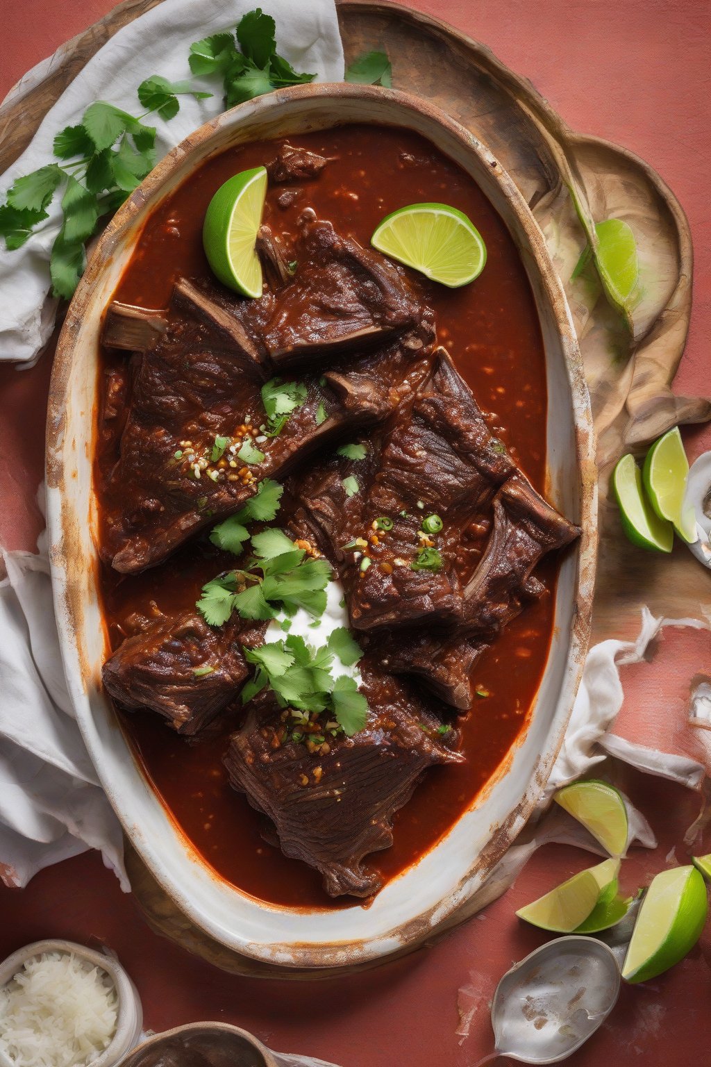 A high-resolution photo of birria short ribs in rich red sauce, lime wedges nearby, under soft lighting.