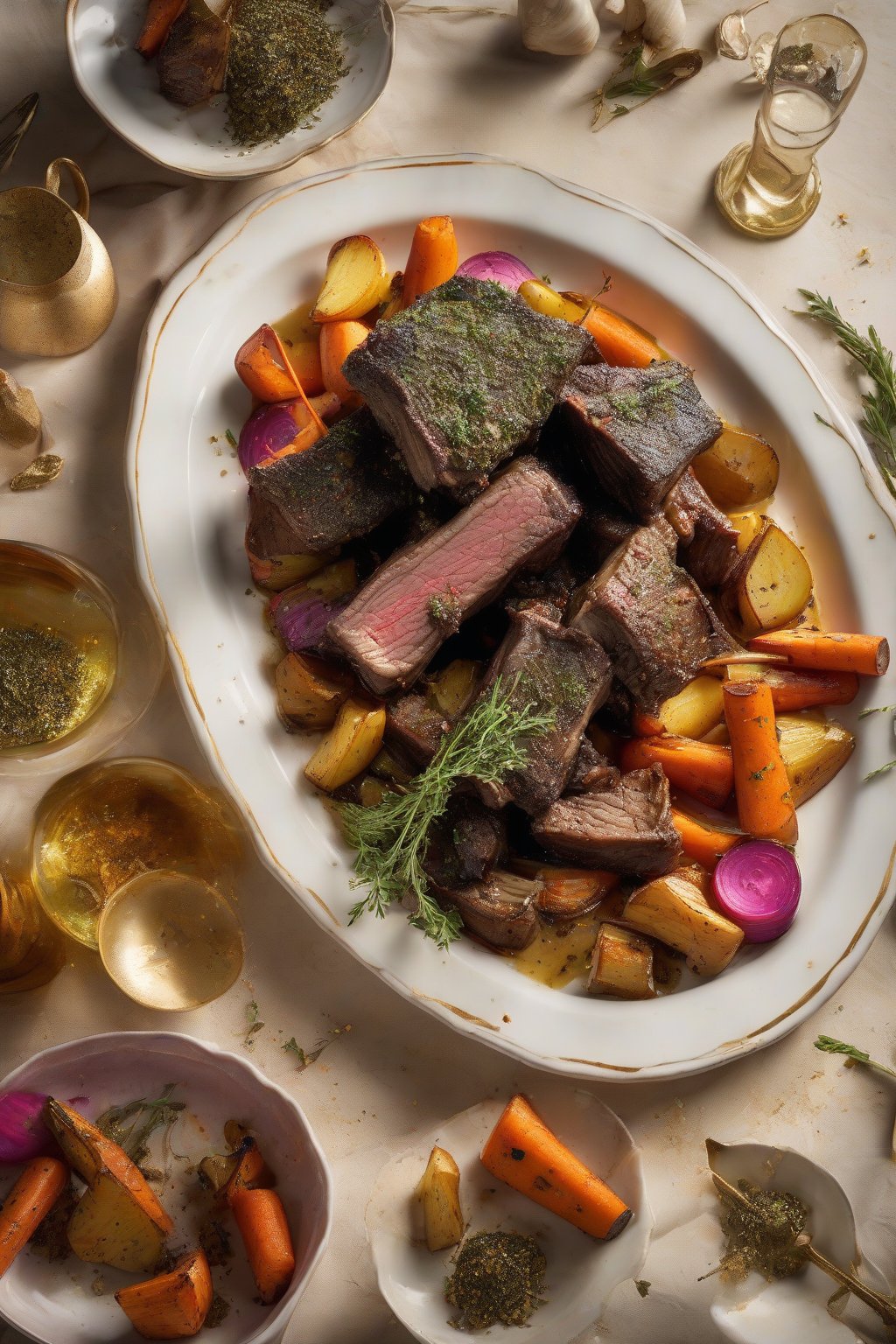 A high-resolution photo of herb-crusted short ribs amid colorful root vegetables, golden and glossy, under soft lighting.