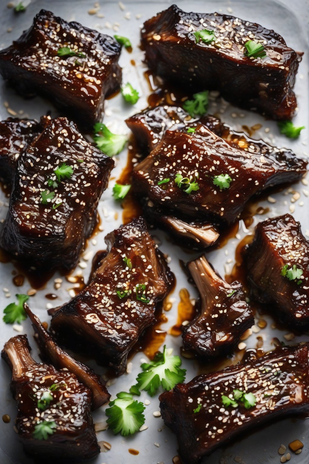 A high-resolution photo of honey garlic short ribs, glossy and sticky with sesame sprinkle, under soft lighting.