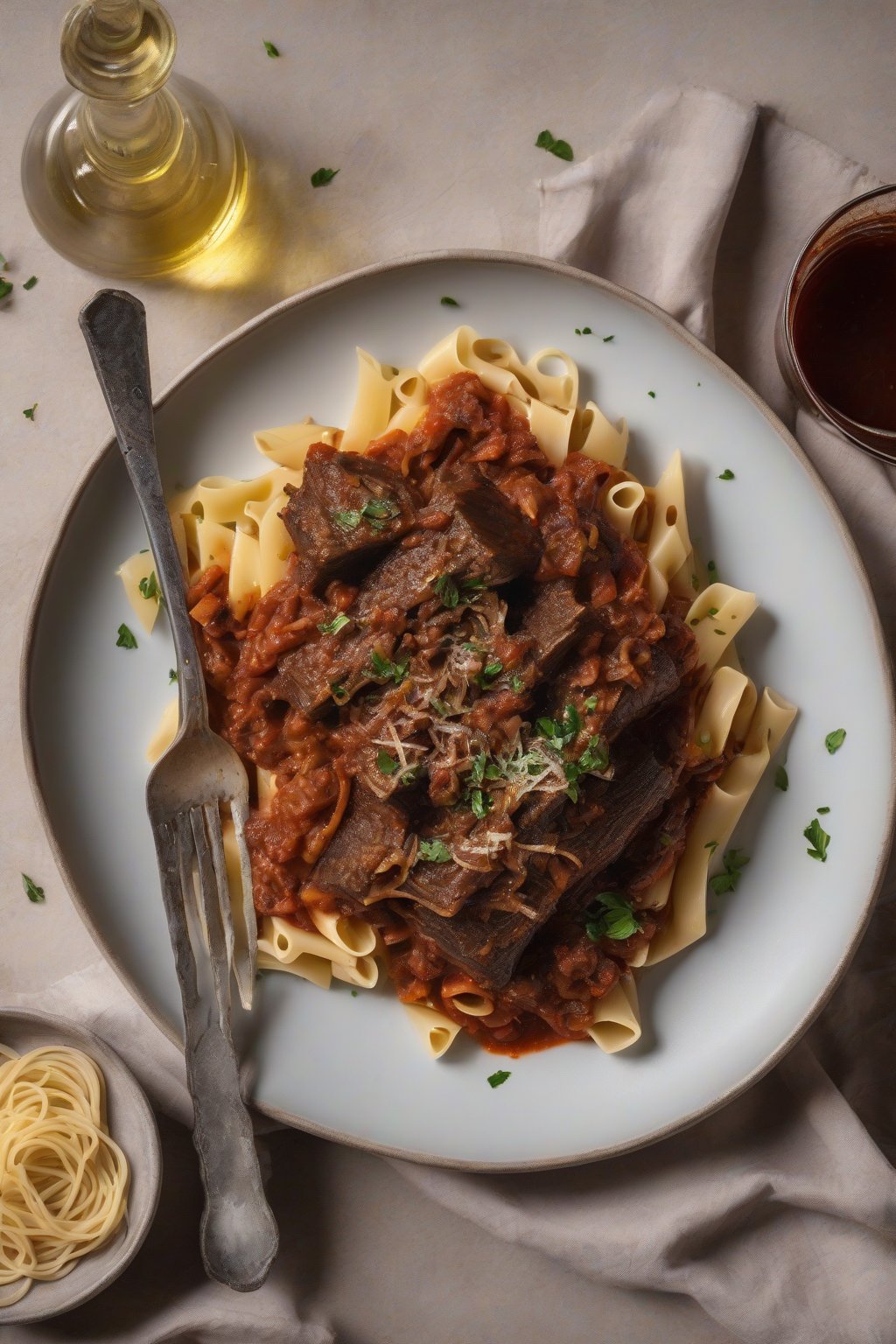 A high-resolution photo of Italian short rib ragu over pasta, hearty and saucy, under soft lighting.