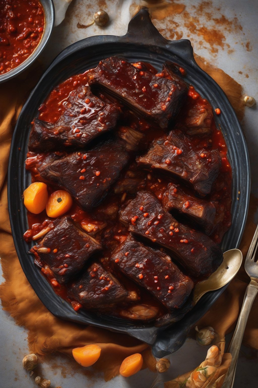 A high-resolution photo of spicy harissa short ribs with apricot bits, vibrant red sauce, under soft lighting.