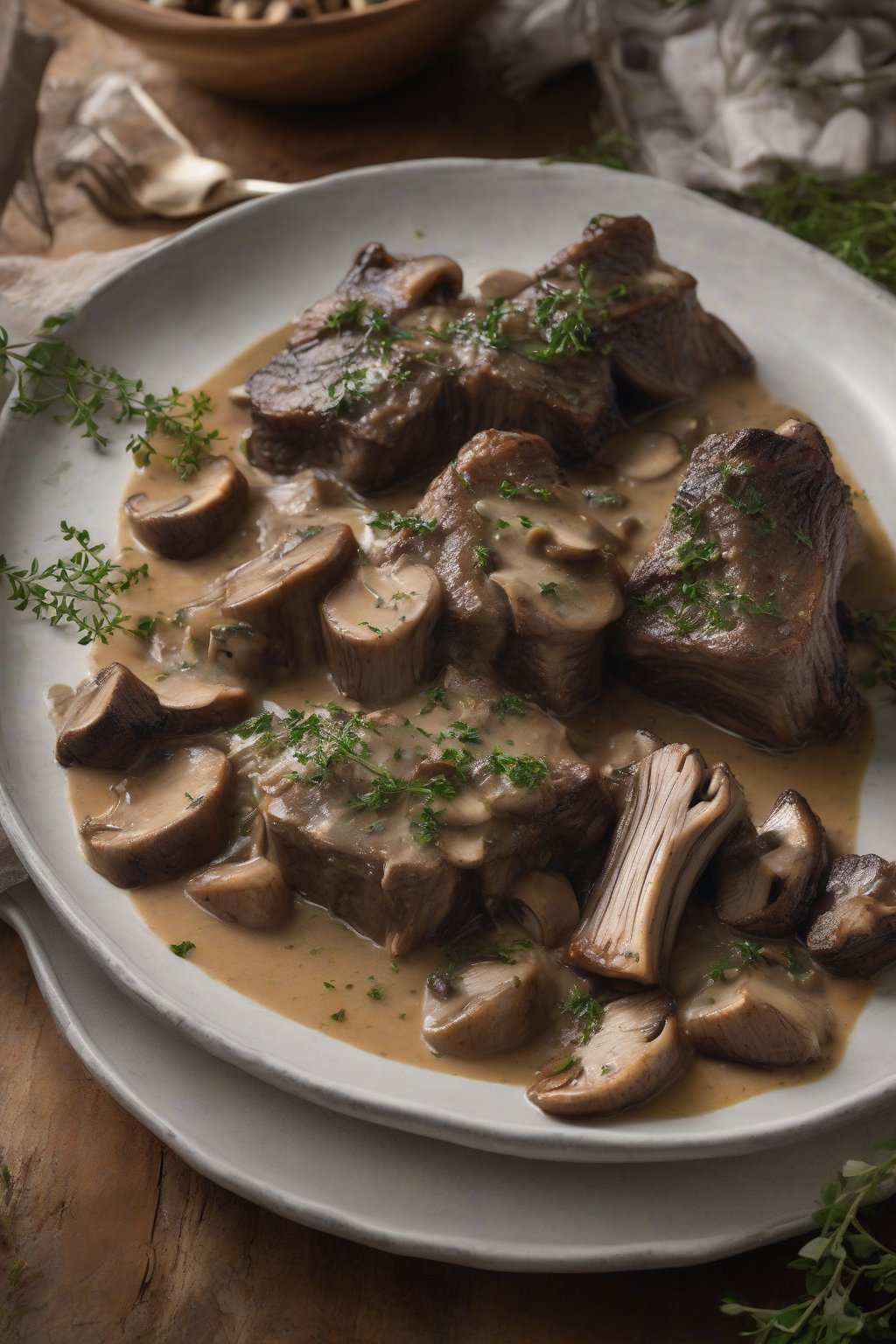 A high-resolution photo of mushroom-thyme short ribs in creamy gravy, forest-like appeal, under soft lighting.
