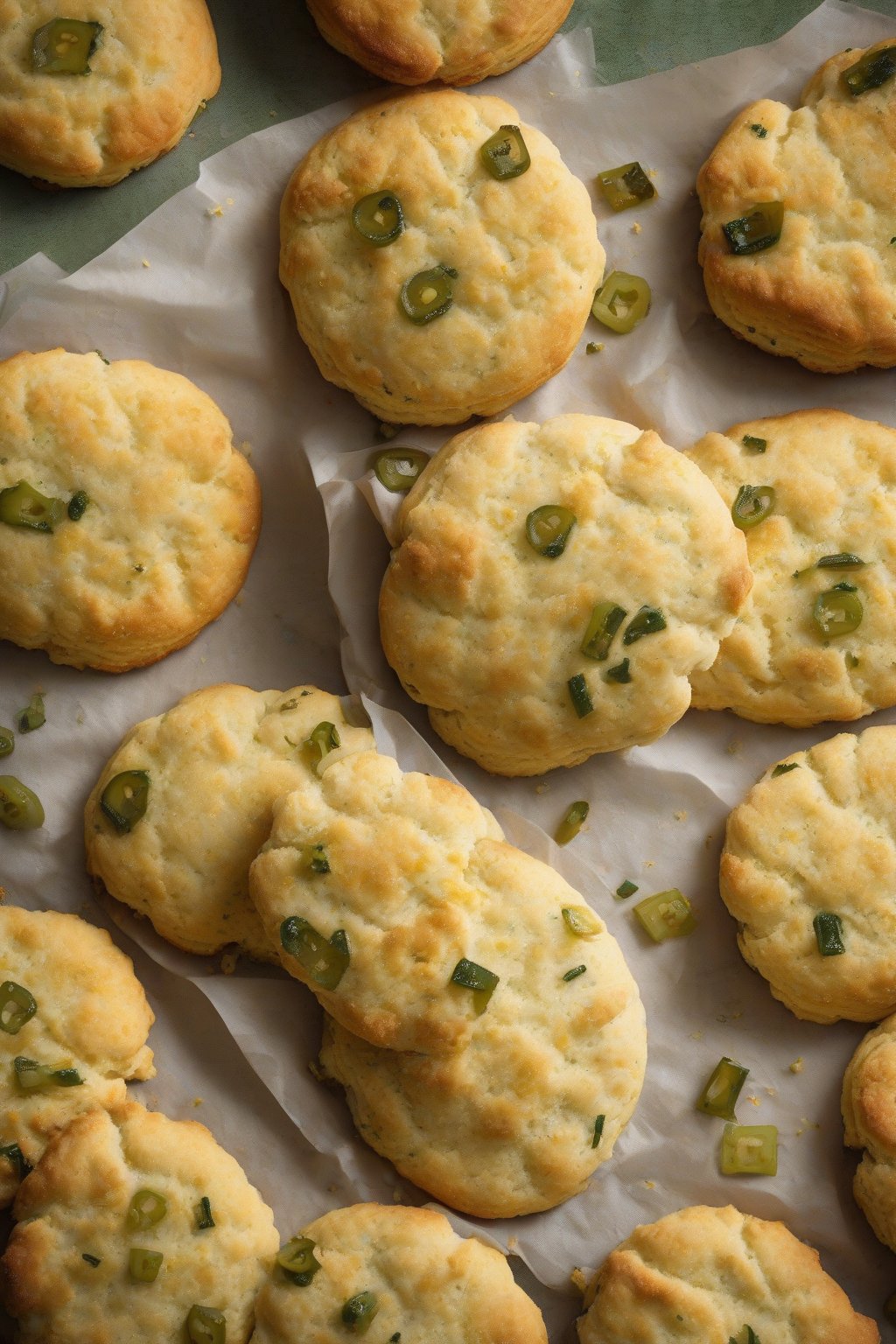 A high-resolution photo of golden jalapeño cornmeal biscuits with green flecks under soft lighting.