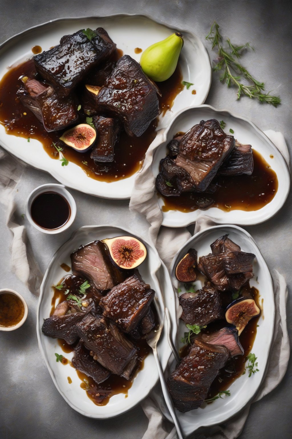 A high-resolution photo of balsamic fig short ribs, fruit-glazed and elegant, under soft lighting.
