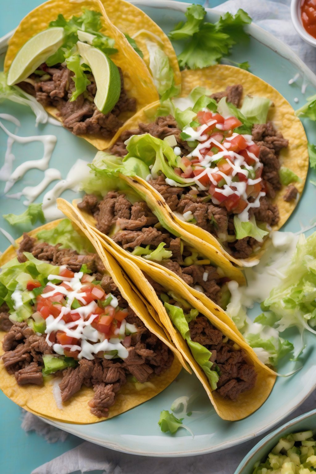 A high-resolution photo of steaming beef tacos topped with fresh lettuce, cheese, and salsa on a colorful plate under soft lighting.