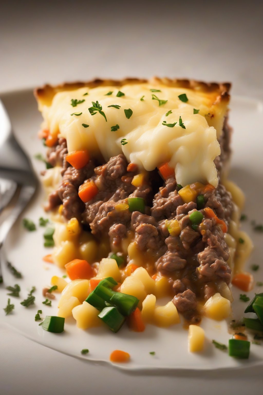 A high-resolution photo of a golden shepherd's pie slice revealing beef and veggie filling under soft lighting.