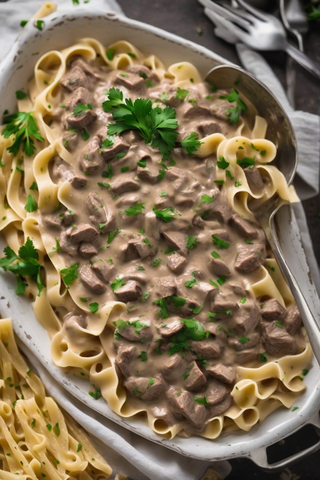 A high-resolution photo of creamy beef stroganoff over egg noodles garnished with parsley under soft lighting.