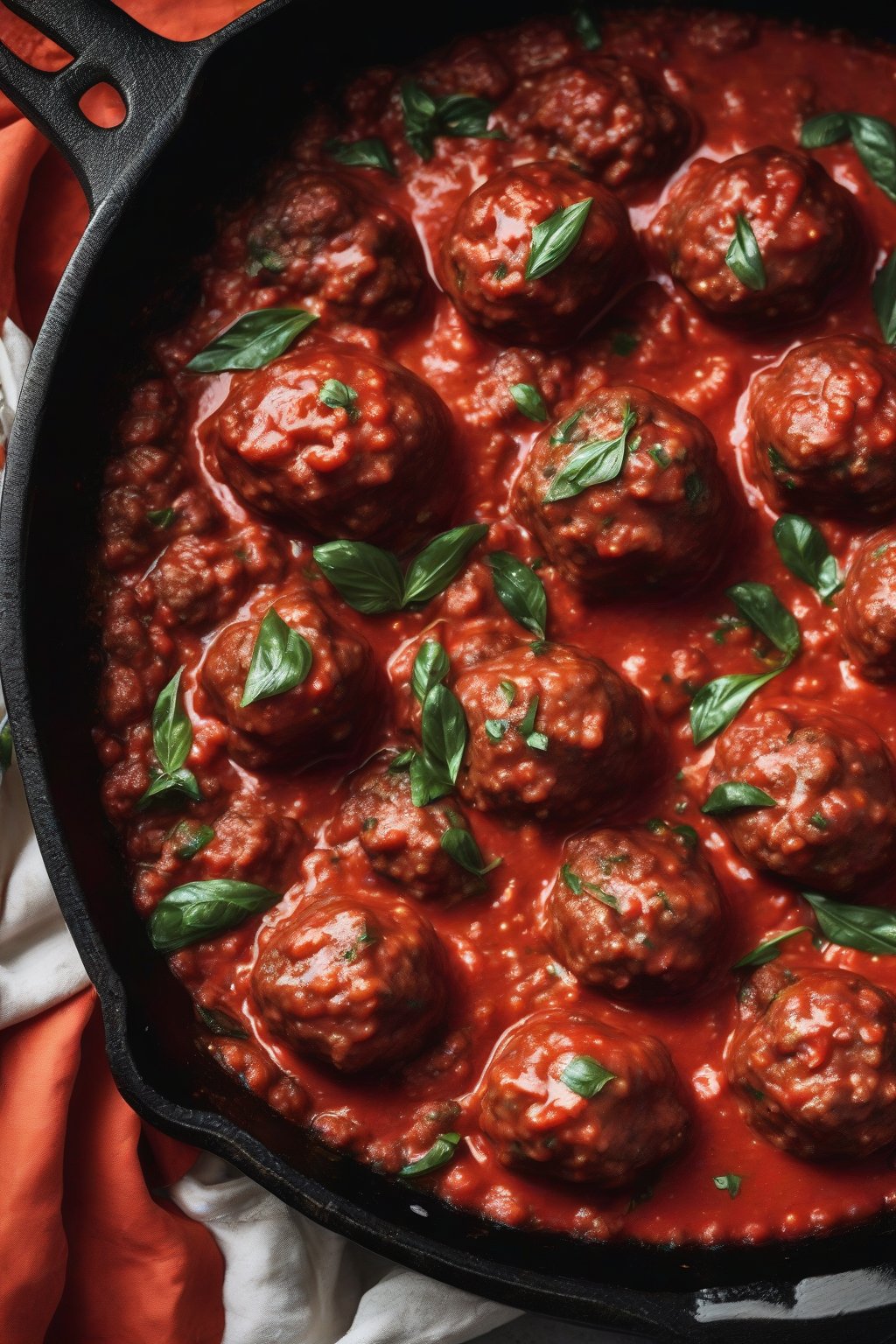 A high-resolution photo of glossy meatballs simmering in red marinara sauce in a cast-iron skillet under soft lighting.