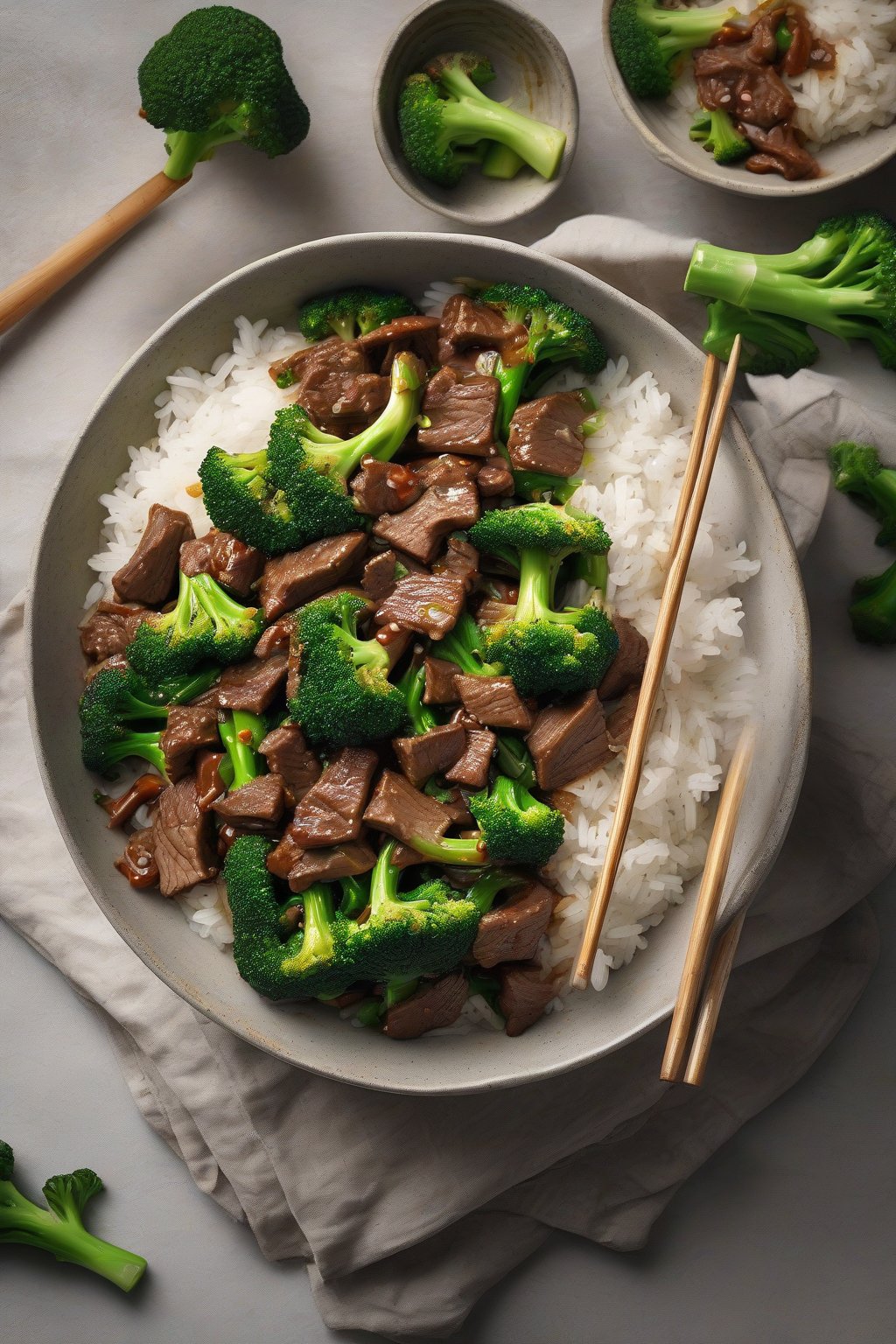A high-resolution photo of glossy beef and broccoli stir-fry over rice in a white bowl under soft lighting.