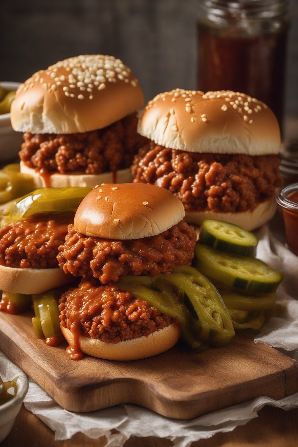 A high-resolution photo of sloppy joes oozing sauce on toasted buns with pickles on the side under soft lighting.