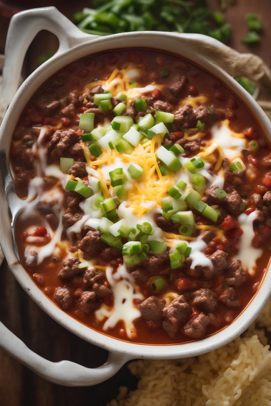 A high-resolution photo of steaming beef chili topped with cheese and green onions in a deep bowl under soft lighting.