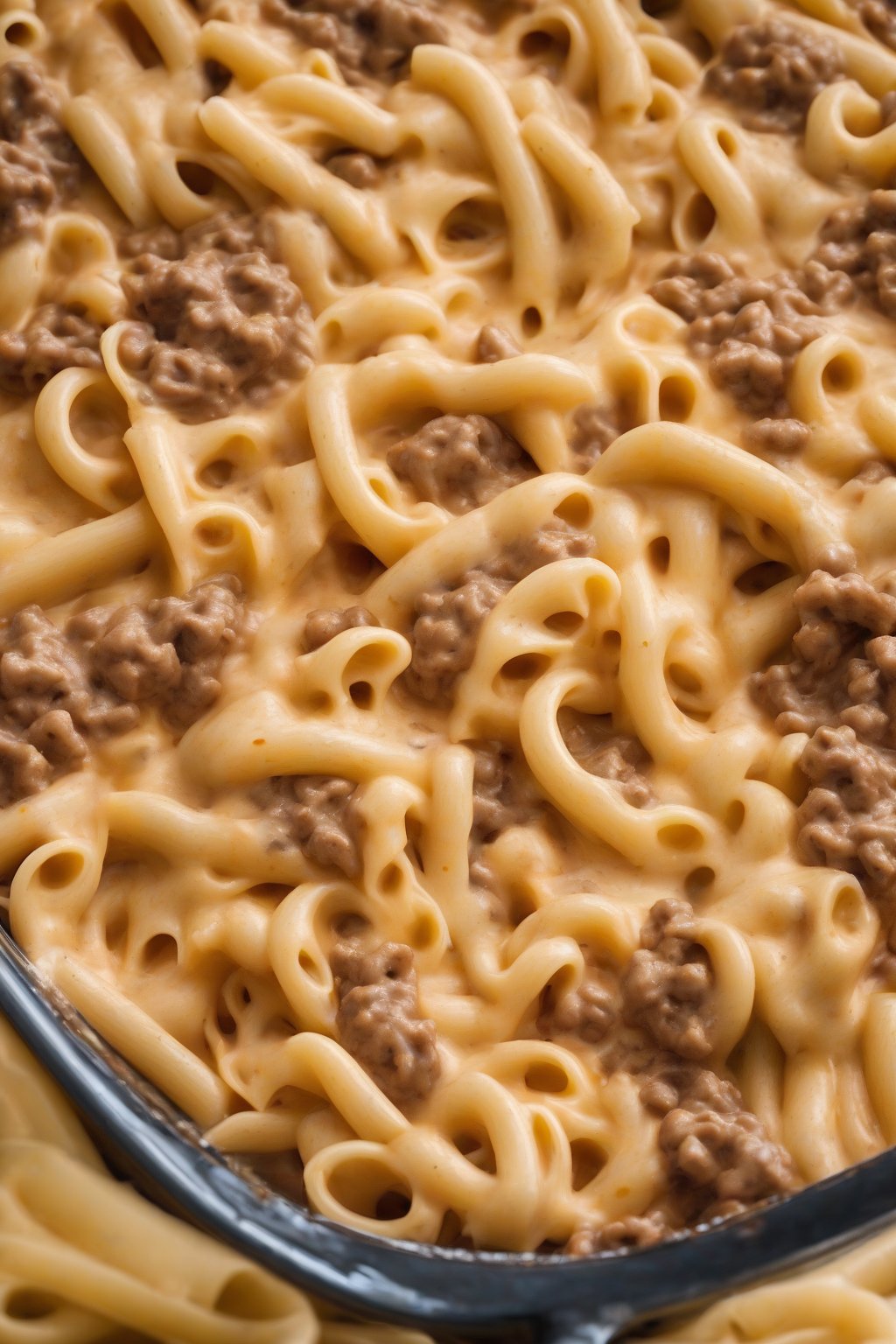 A high-resolution photo of cheesy hamburger helper pasta pulled apart to show creamy beef filling under soft lighting.