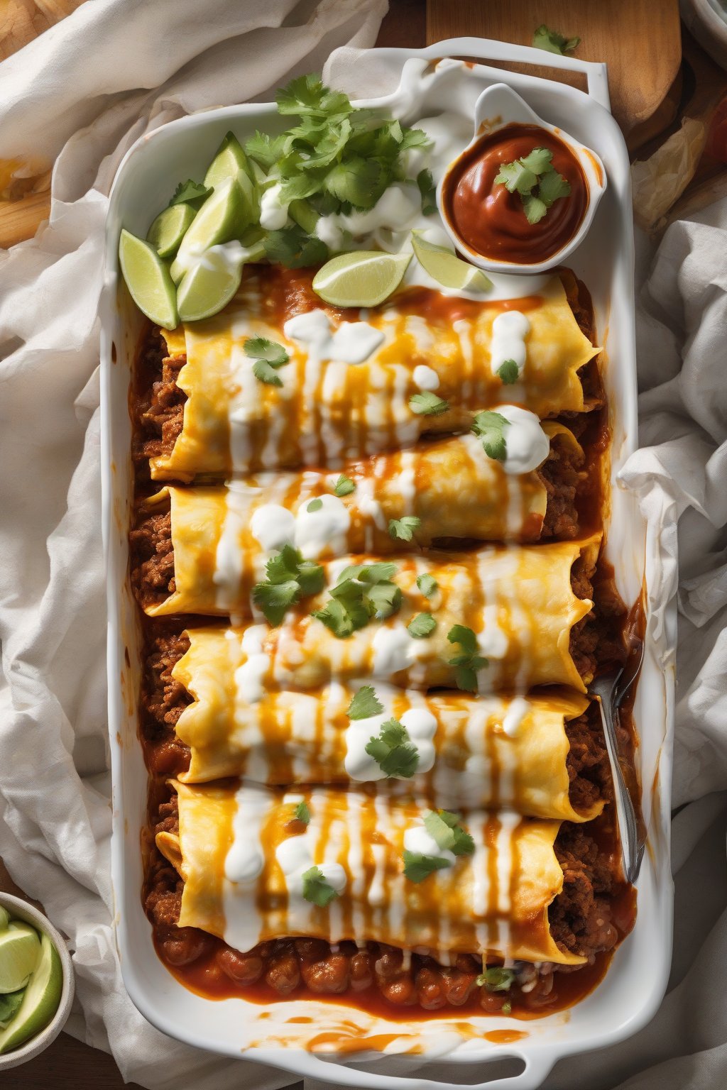 A high-resolution photo of bubbly beef enchiladas sliced open with sauce dripping under soft lighting.