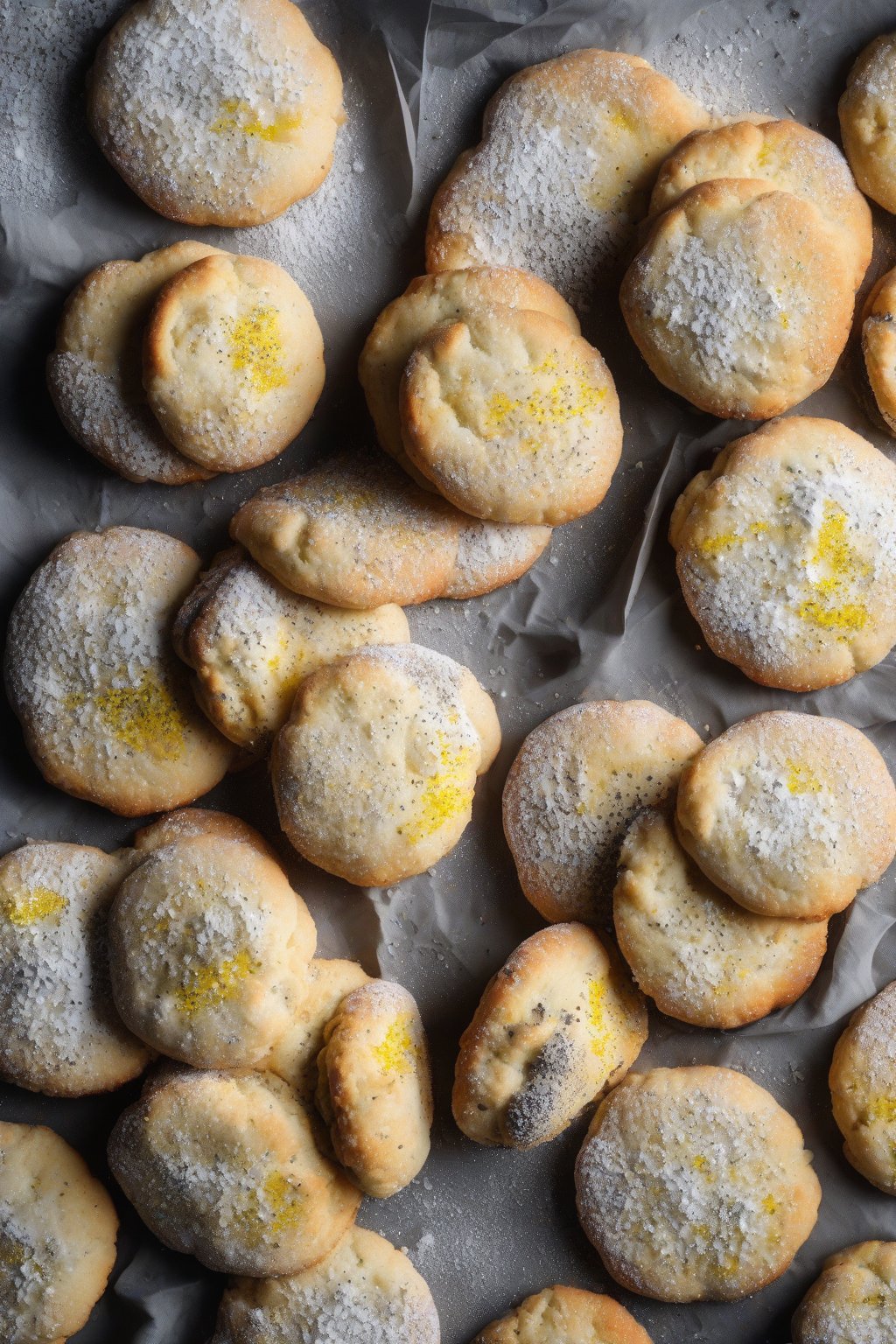 A high-resolution photo of lemon poppy seed biscuits dusted with powdered sugar under soft lighting.