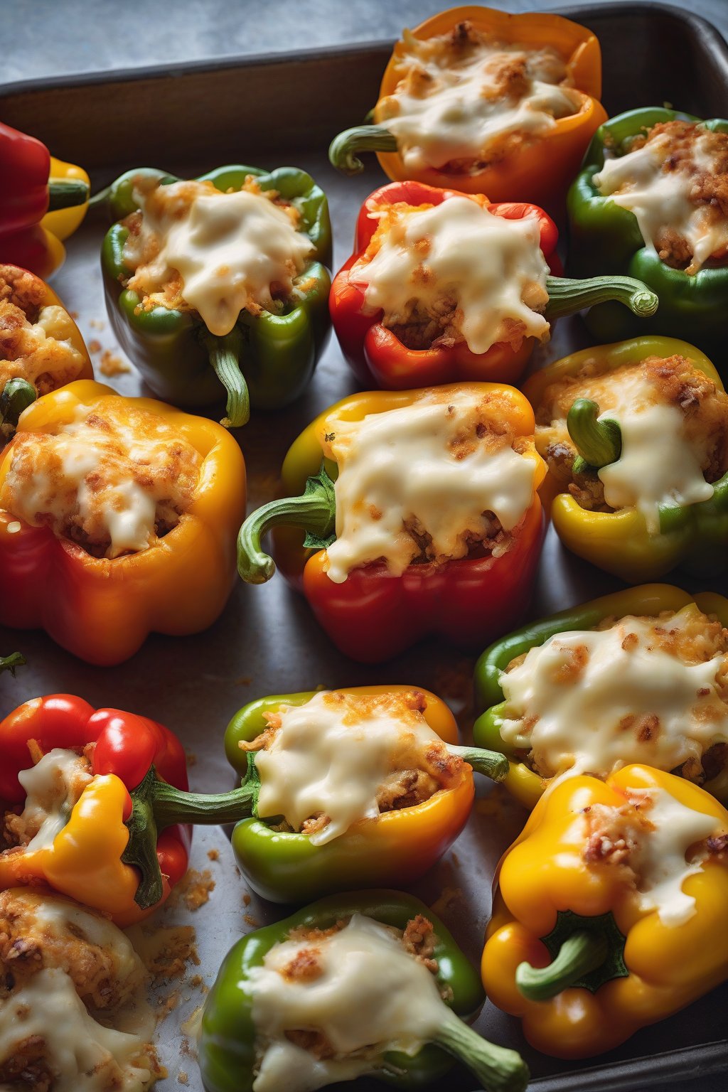 A high-resolution photo of colorful stuffed bell peppers oozing cheese on a baking sheet under soft lighting.