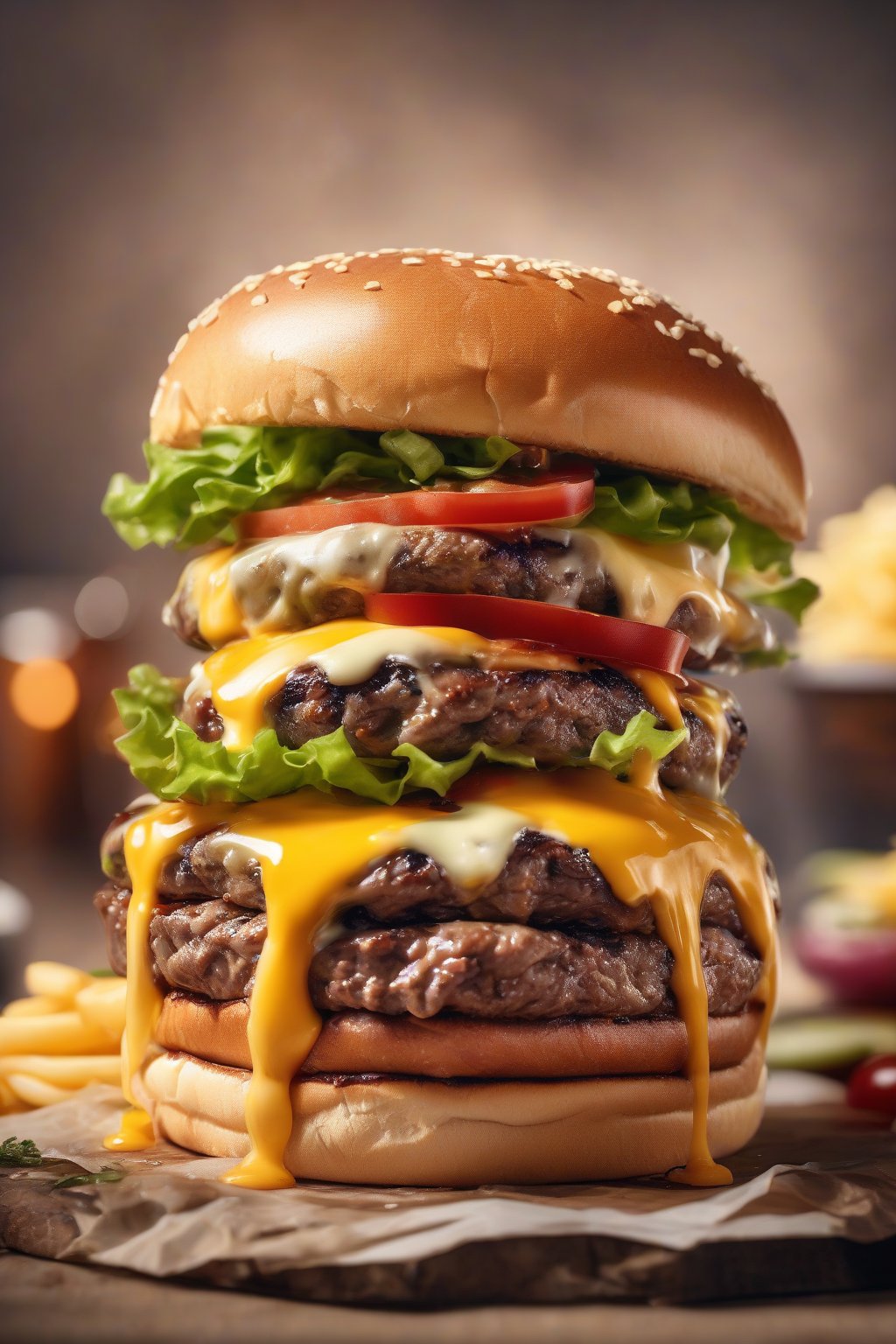 A high-resolution photo of a juicy beef burger with melted cheese and fresh toppings under soft lighting.