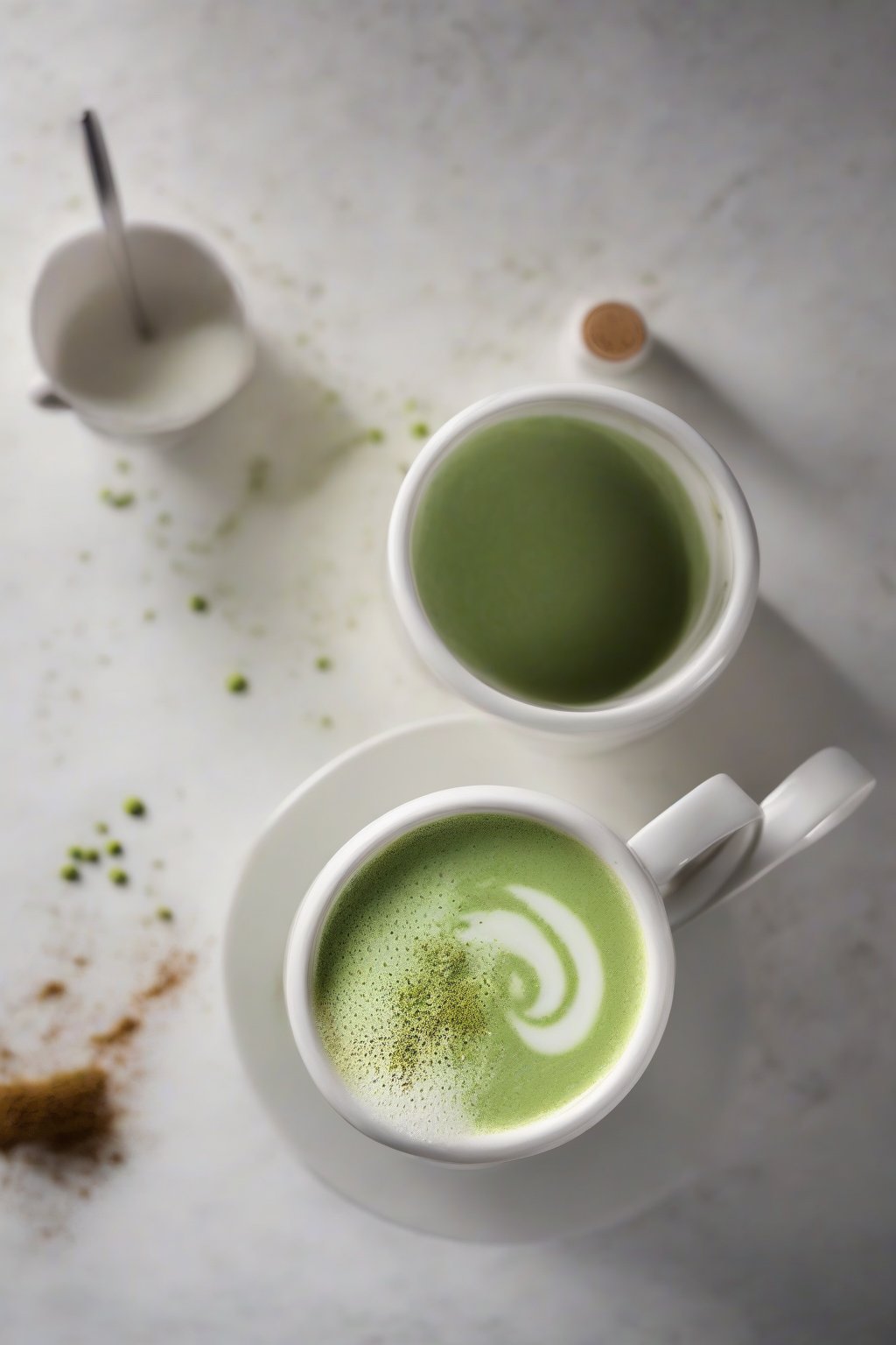A high-resolution photo of a creamy matcha latte in a white ceramic mug, topped with frothy milk and a dusting of matcha powder, under soft lighting.