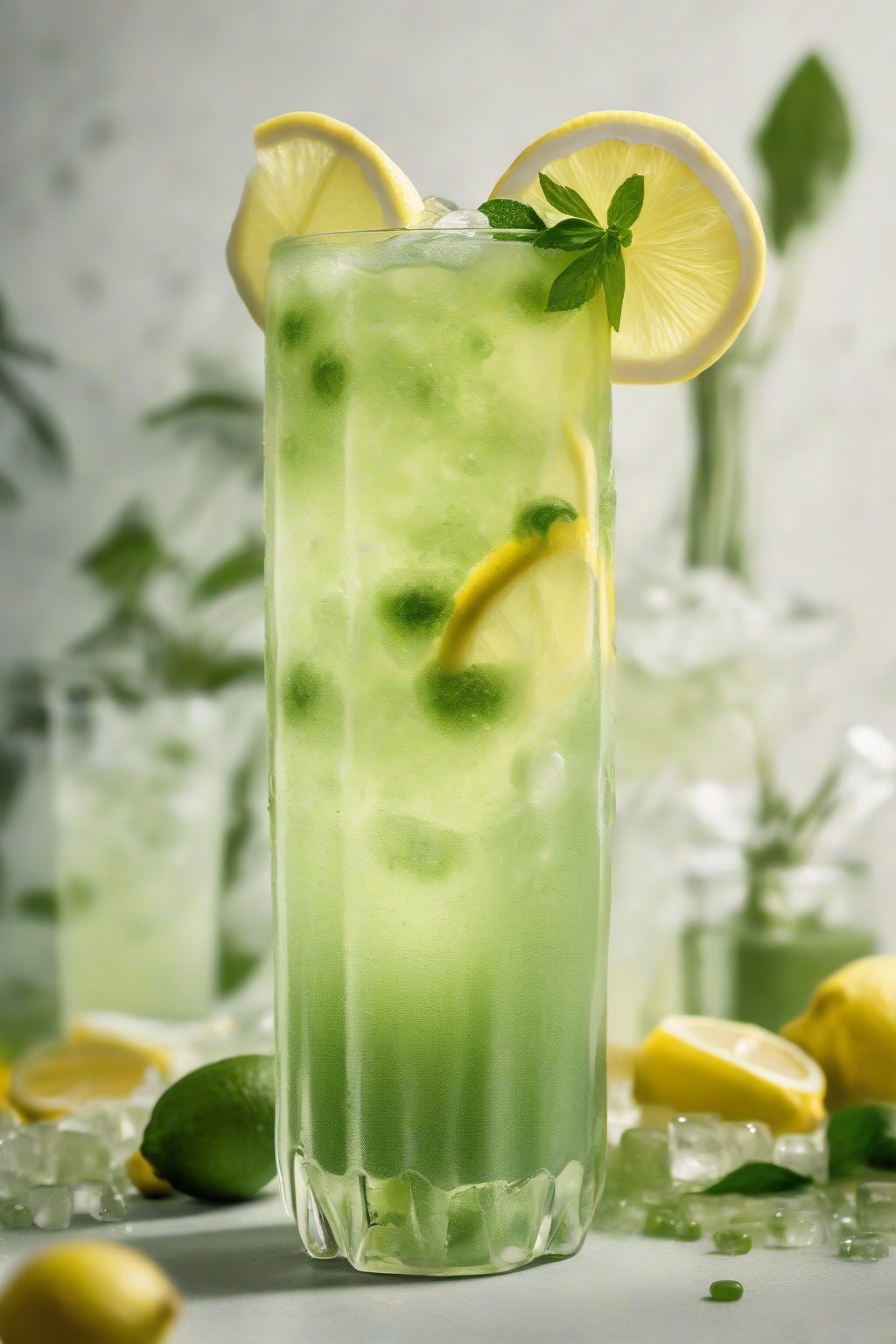 A high-resolution photo of iced matcha lemonade in a tall glass with lemon slices and ice, condensation beads glistening, under soft lighting.