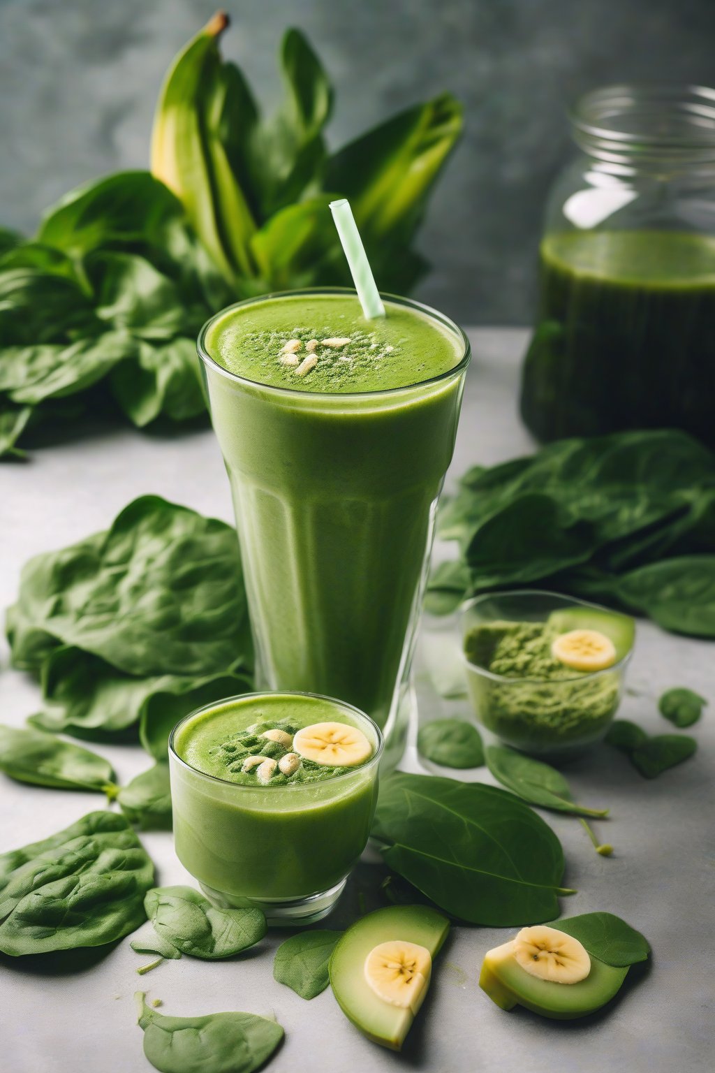 A high-resolution photo of a vibrant green matcha smoothie in a clear glass with spinach leaves and banana slices on top, under soft lighting.
