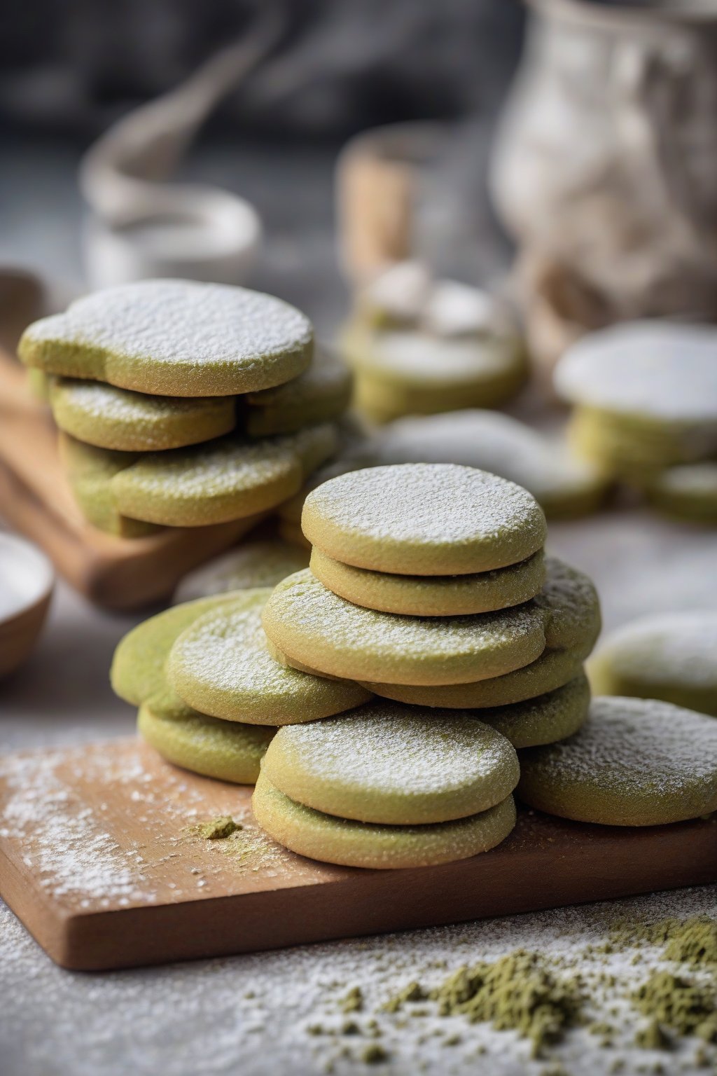 A high-resolution photo of golden matcha shortbread cookies stacked on a wooden board, dusted with powdered sugar, under soft lighting.