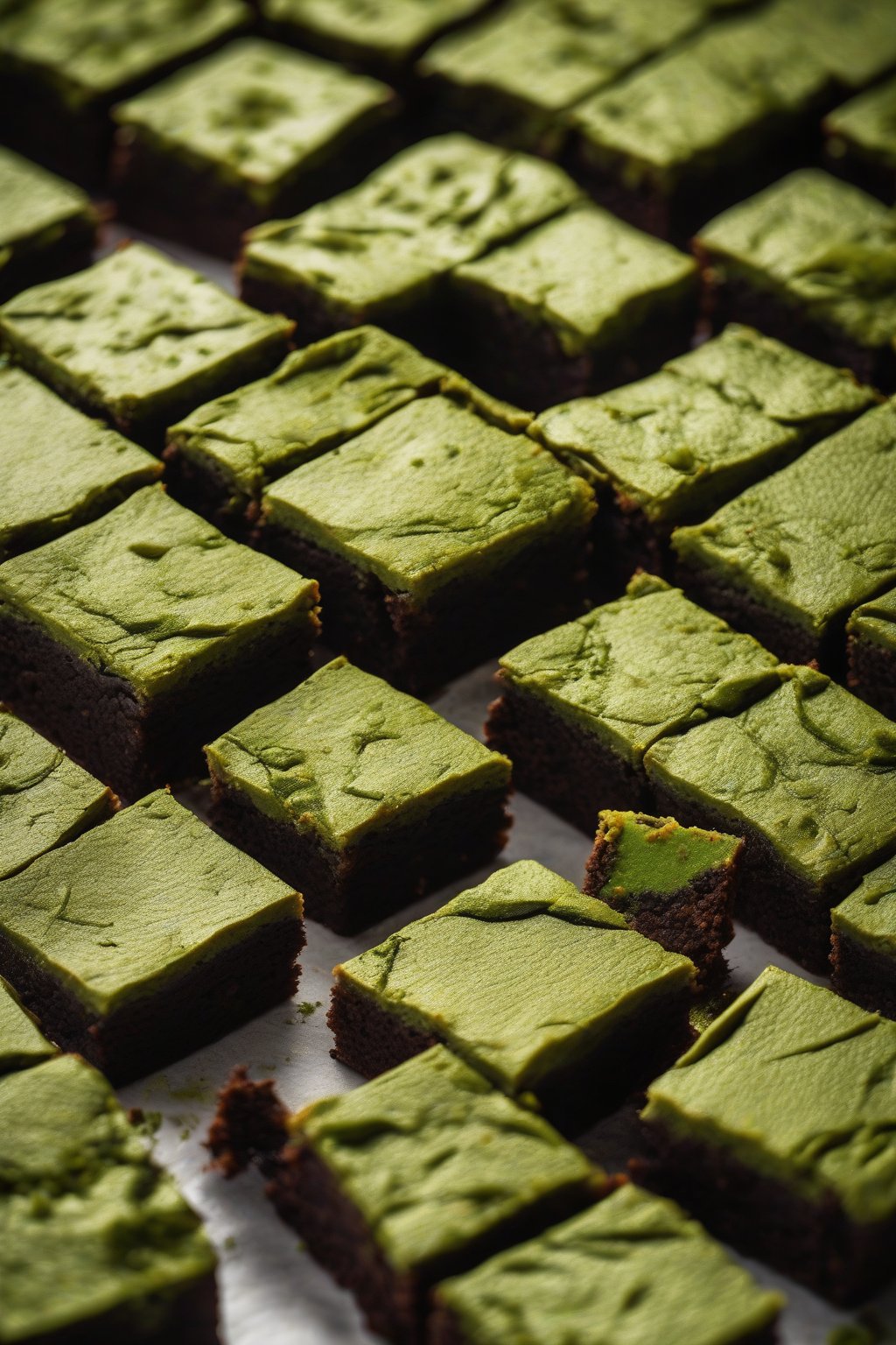 A high-resolution photo of fudgy matcha brownies cut into squares, with a glossy top and visible green flecks, under soft lighting.
