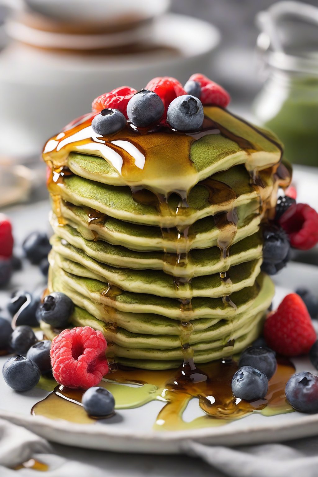 A high-resolution photo of a stack of fluffy green-tinted matcha pancakes drizzled with maple syrup and topped with fresh berries, under soft lighting.