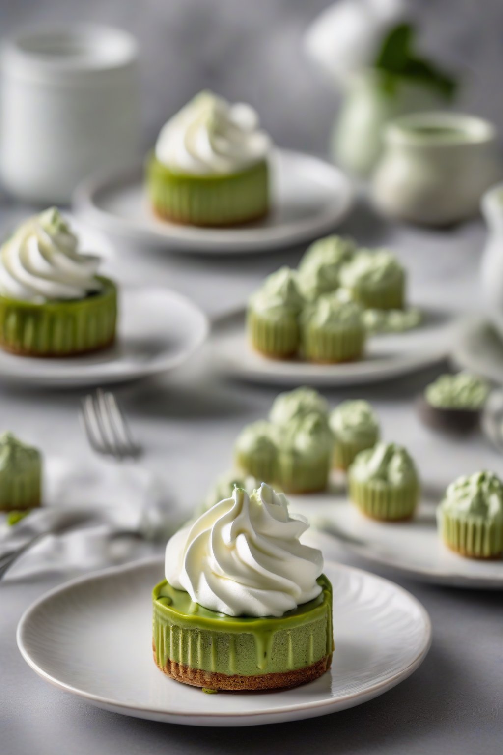 A high-resolution photo of mini matcha cheesecakes on a white plate, topped with whipped cream rosettes, under soft lighting.