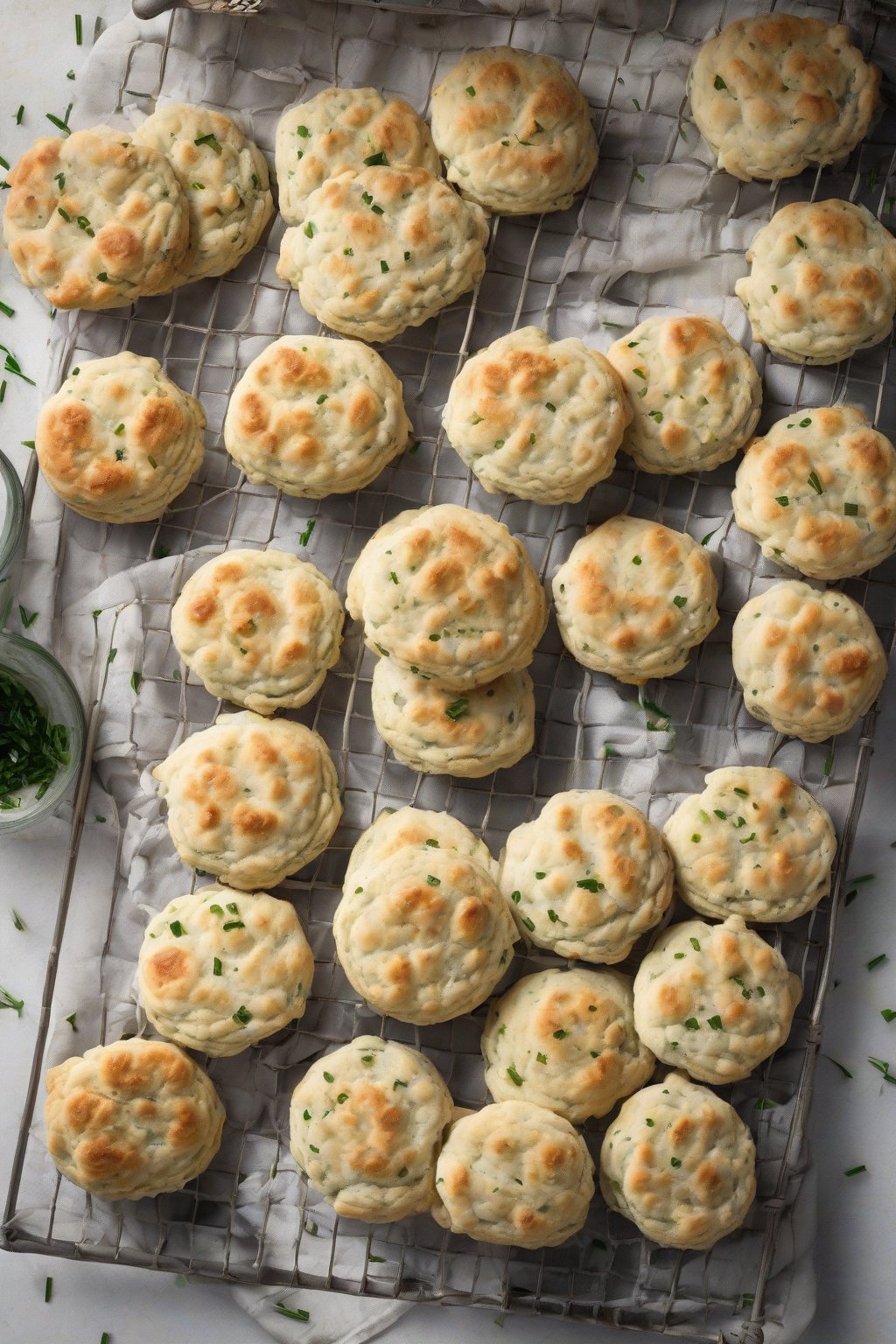 A high-resolution photo of chive-dotted onion biscuits on a cooling rack under soft lighting.