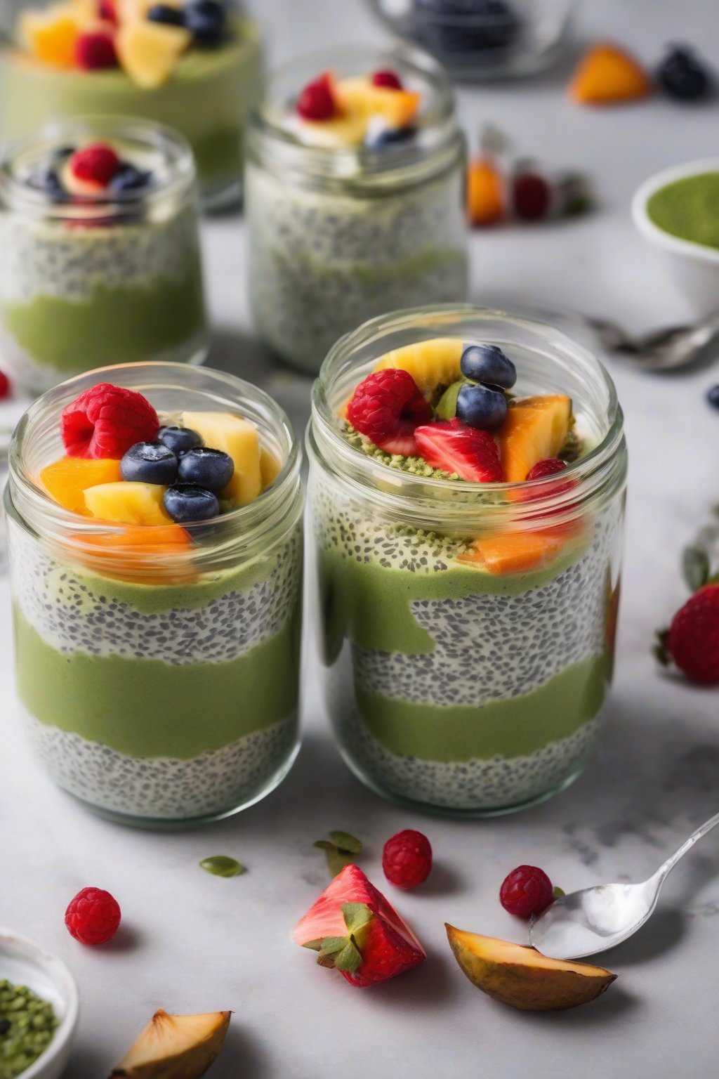 A high-resolution photo of layered matcha chia pudding in glass jars with tropical fruit toppings, under soft lighting.