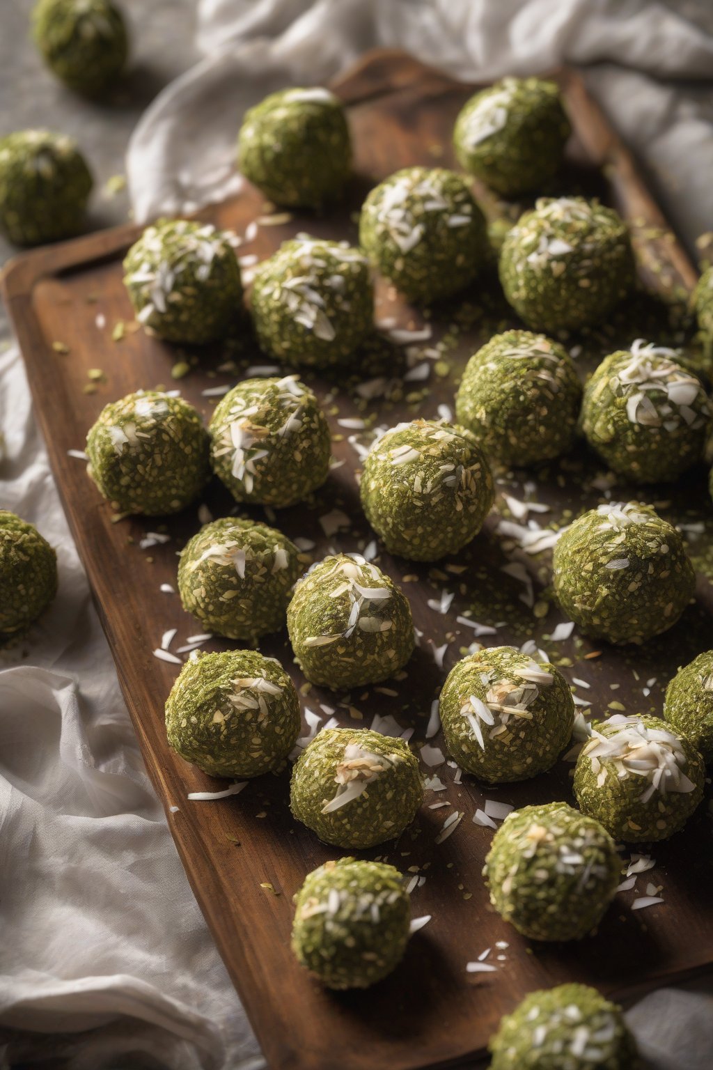 A high-resolution photo of matcha energy balls rolled in coconut flakes on a rustic tray, under soft lighting.