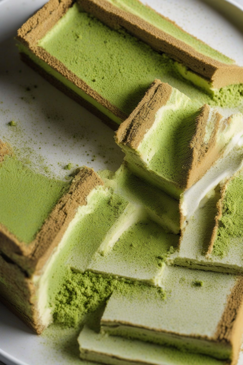 A high-resolution photo of a sliced matcha tiramisu showing green layers, dusted with matcha powder, under soft lighting.