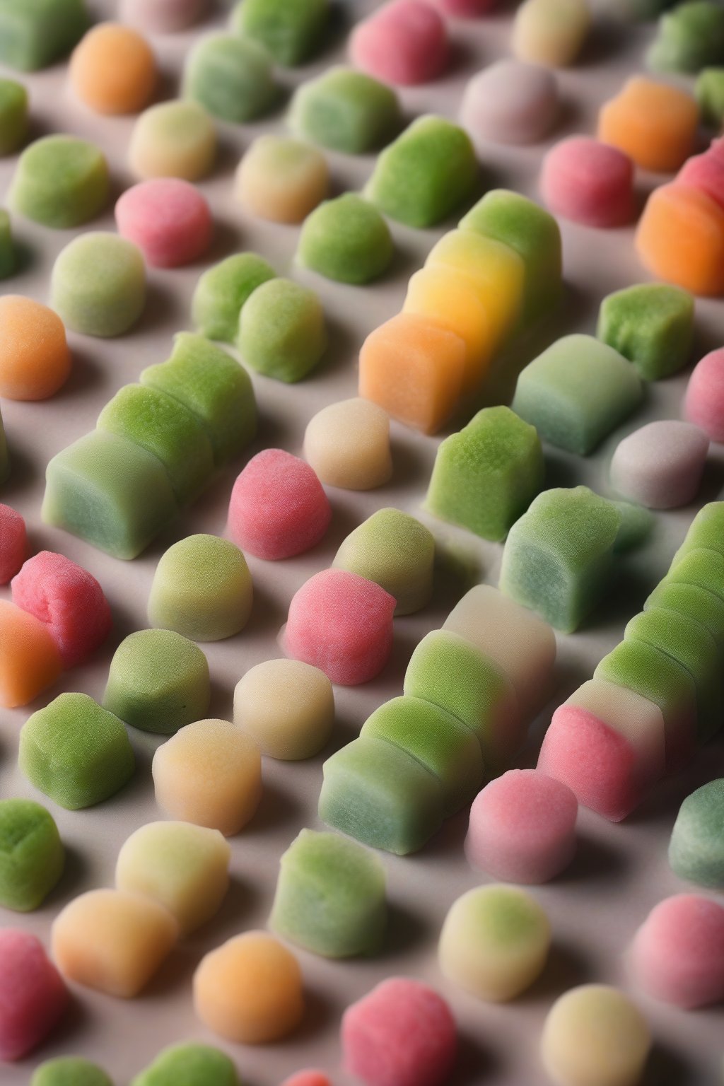 A high-resolution photo of colorful matcha mochi pieces filled with paste, arranged artfully, under soft lighting.