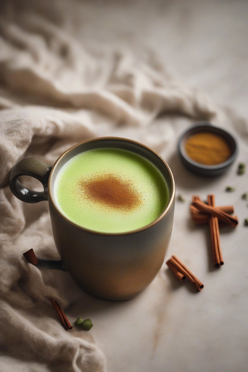 A high-resolution photo of spiced matcha golden milk in a cozy mug with foam and cinnamon stick, steam rising, under soft lighting.