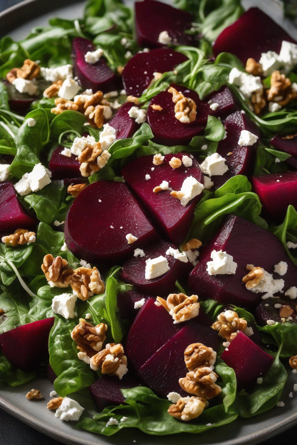 A high-resolution photo of roasted beet and goat cheese salad with vibrant red slices, creamy cheese crumbles, and walnuts on fresh greens under soft lighting.