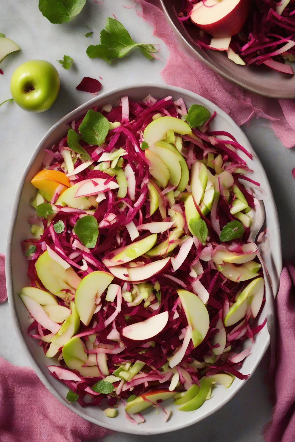 A high-resolution photo of colorful beet and apple slaw with pink shreds, green apple slices, and glossy citrus dressing under soft lighting.