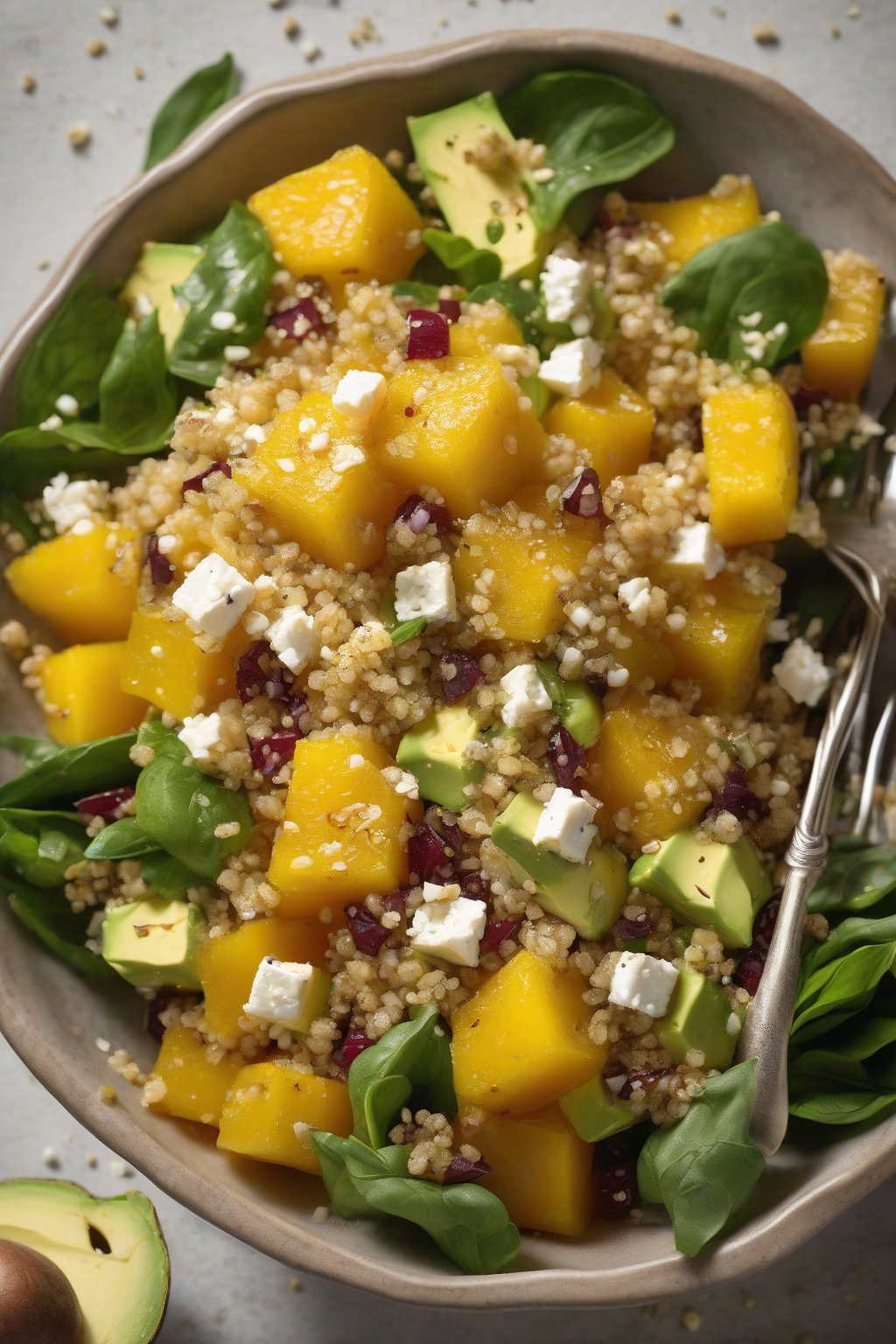A high-resolution photo of golden beet and quinoa salad with sunny dices, fluffy grains, creamy avocado, and feta under soft lighting.