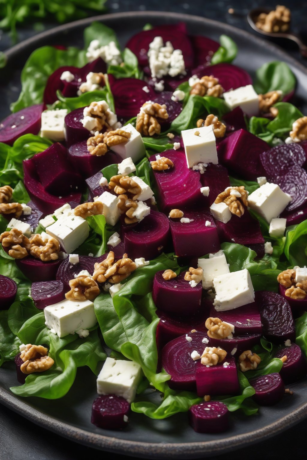 A high-resolution photo of beetroot and feta salad with deep purple slices, white cheese cubes, and shiny candied walnuts on greens under soft lighting.