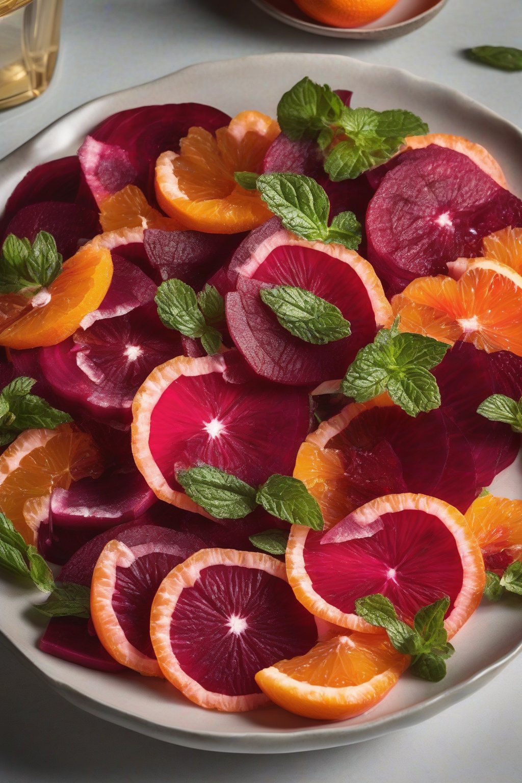 A high-resolution photo of Chioggia beet and blood orange salad showing candy-striped slices, ruby segments, and green mint under soft lighting.